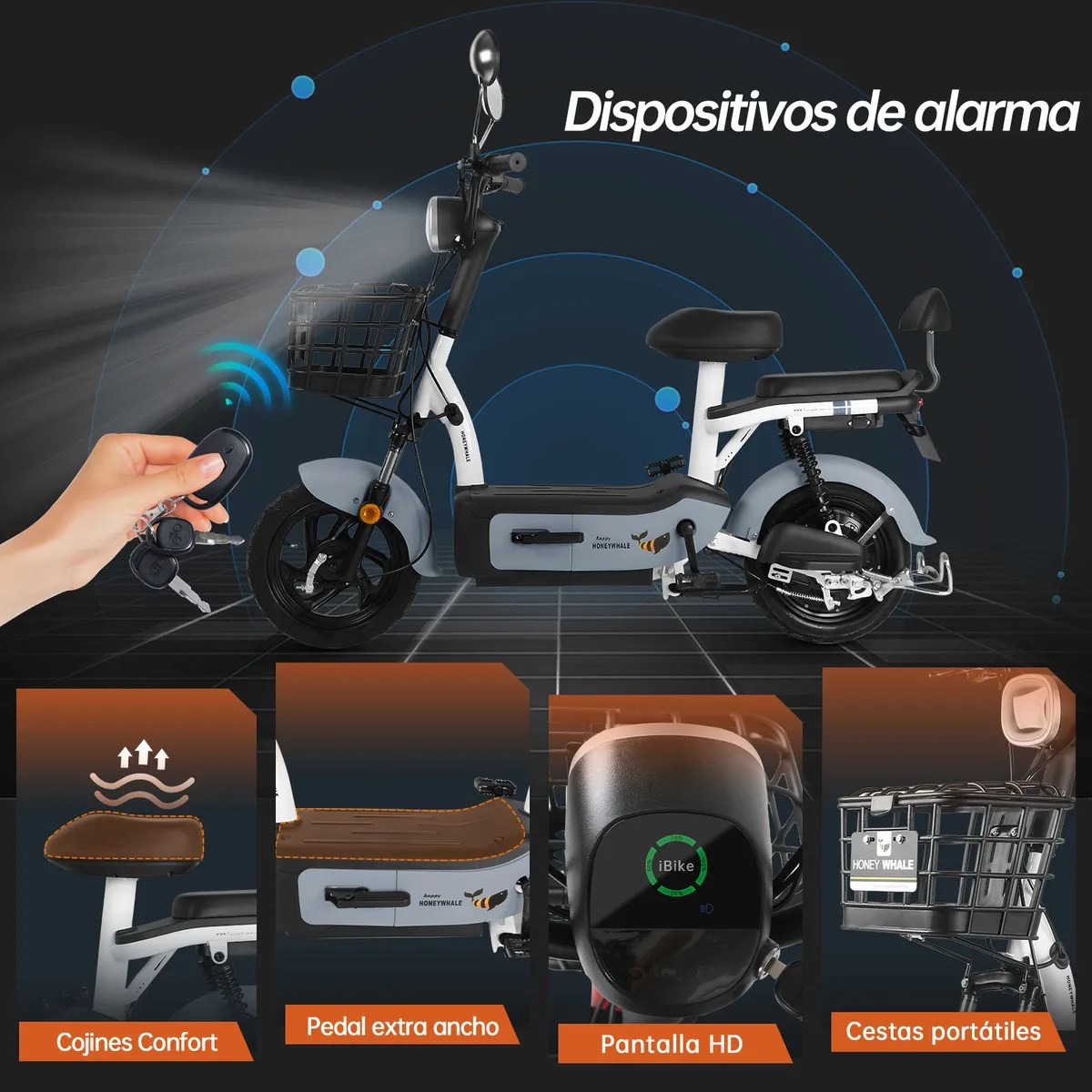 U1s Bicicleta Eléctrica Para Adultos Con Dos Asientos, Honeywhale Bicimoto Eléctrica Con Alarma, Pontencia Máxima 650w, Velocidad Máxima 31km/h, Autonomía 60-65km, Batería 20ah, Color Gris