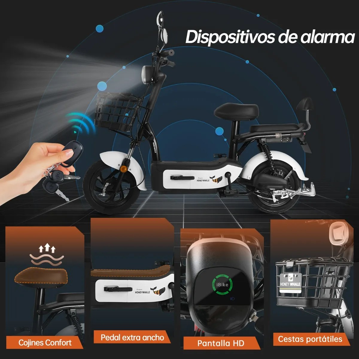U1s Bicicleta Eléctrica Para Adultos Con Dos Asientos, Honeywhale Bicimoto Eléctrica Con Alarma, Pontencia Máxima 650w, Velocidad Máxima 31km/h, Autonomía 60-65km, Batería 20ah, Color Blanco