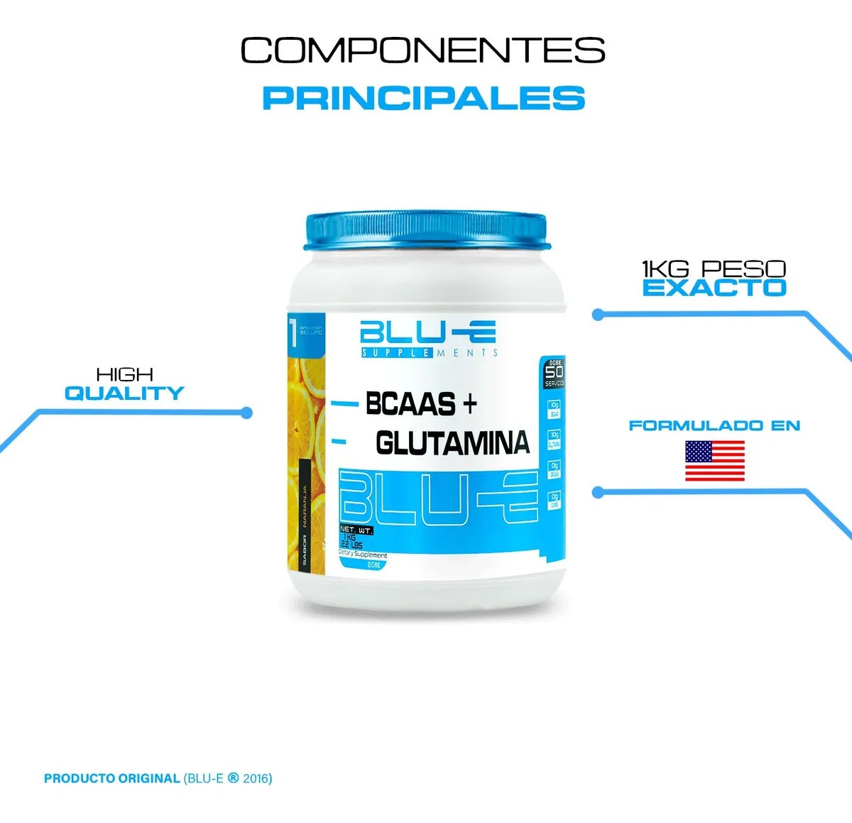 Aminoácidos Bcaas + Glutamina Blu-e 1kg Sabor Naranja