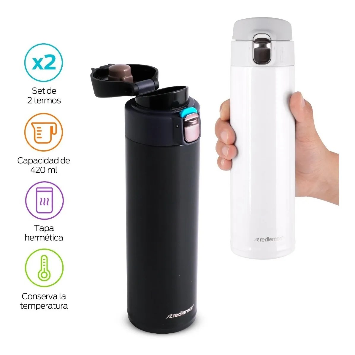 Redlemon Termo para Café de Acero Inoxidable 420 ml 2 Piezas, Set de 2 Vasos Térmicos de Doble Pared con Tapa Hermética