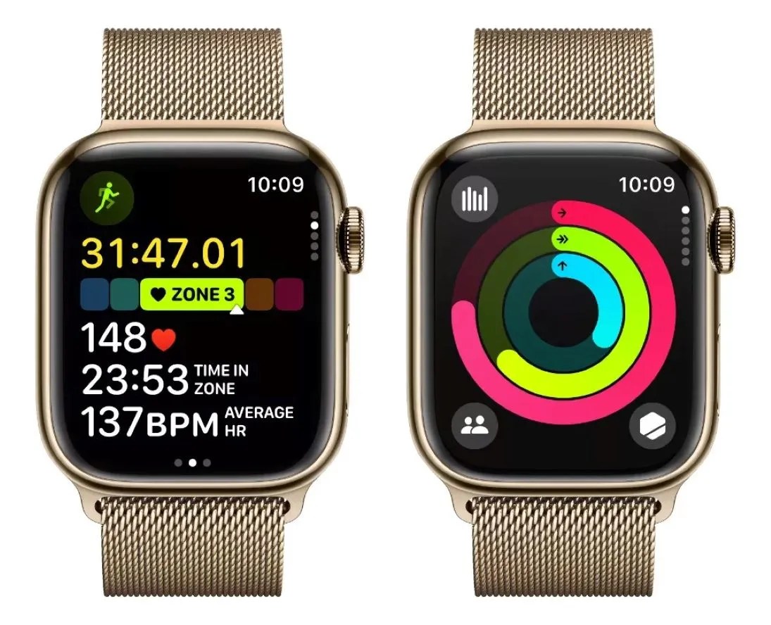 Apple Watch Series 9 GPS + Celular • Caja de acero inoxidable color oro de 41 mm • Correa estilo milanés color oro
