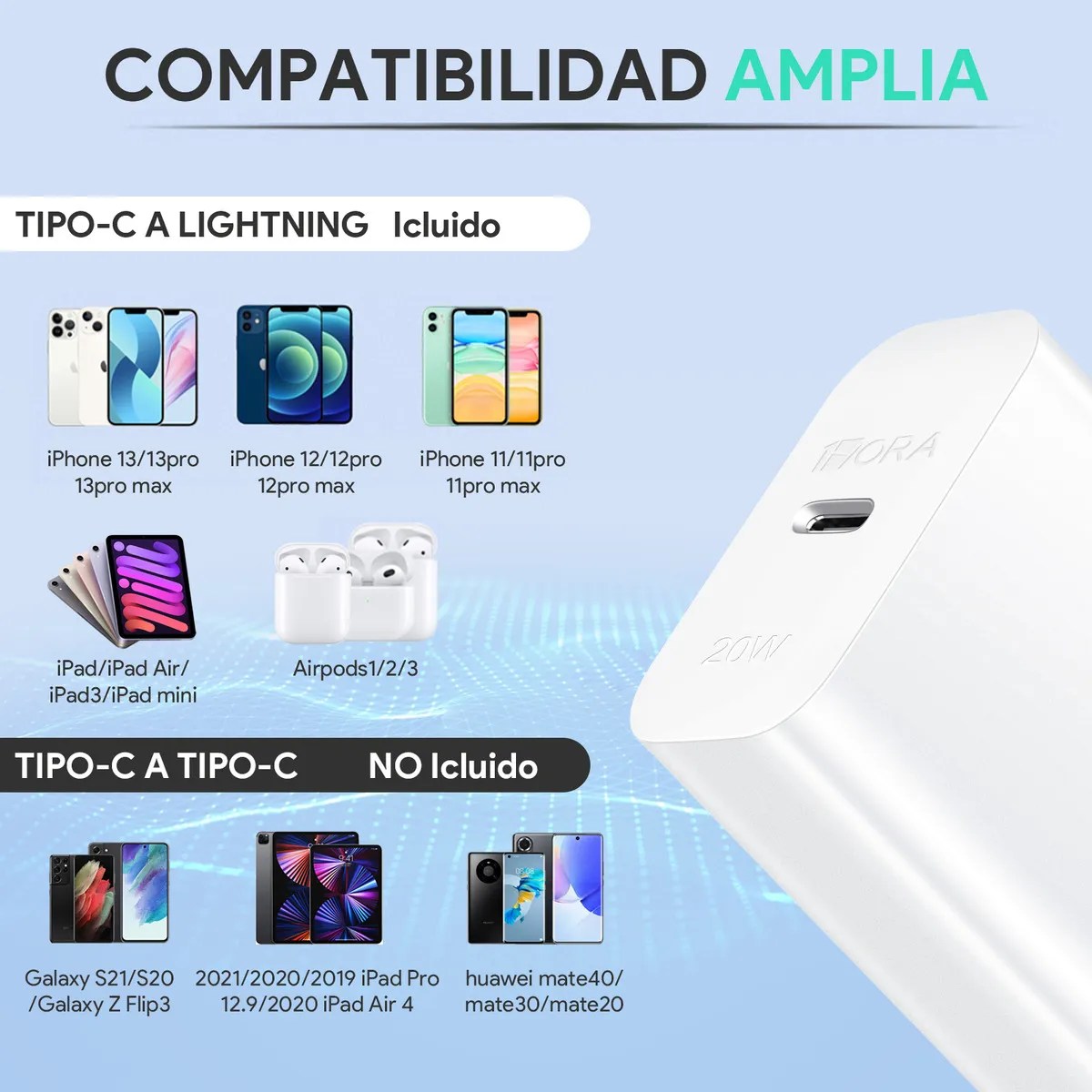 Cargador Turbo 3a 20w Carga Rápida Compatible con iPhone XS/XR/11/12/13/14 Cargador Tipo C con Cable IP 1Hora GAR154