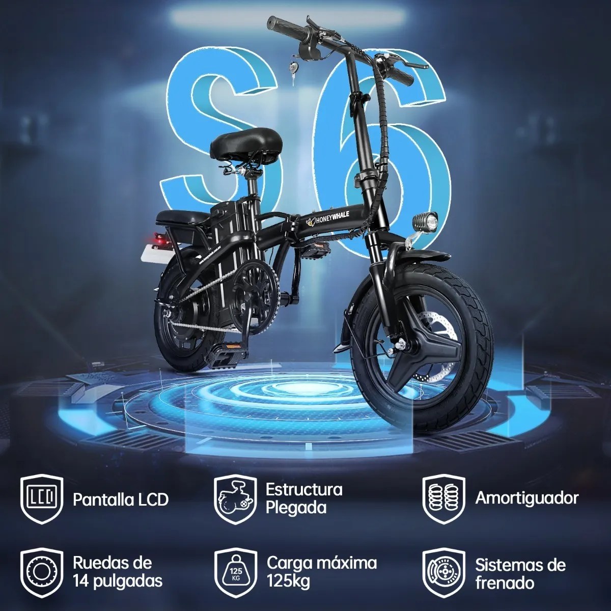 Bicicleta Eléctrica Plegable Honey Whale S6 600w 35km/h S6 NEGRO