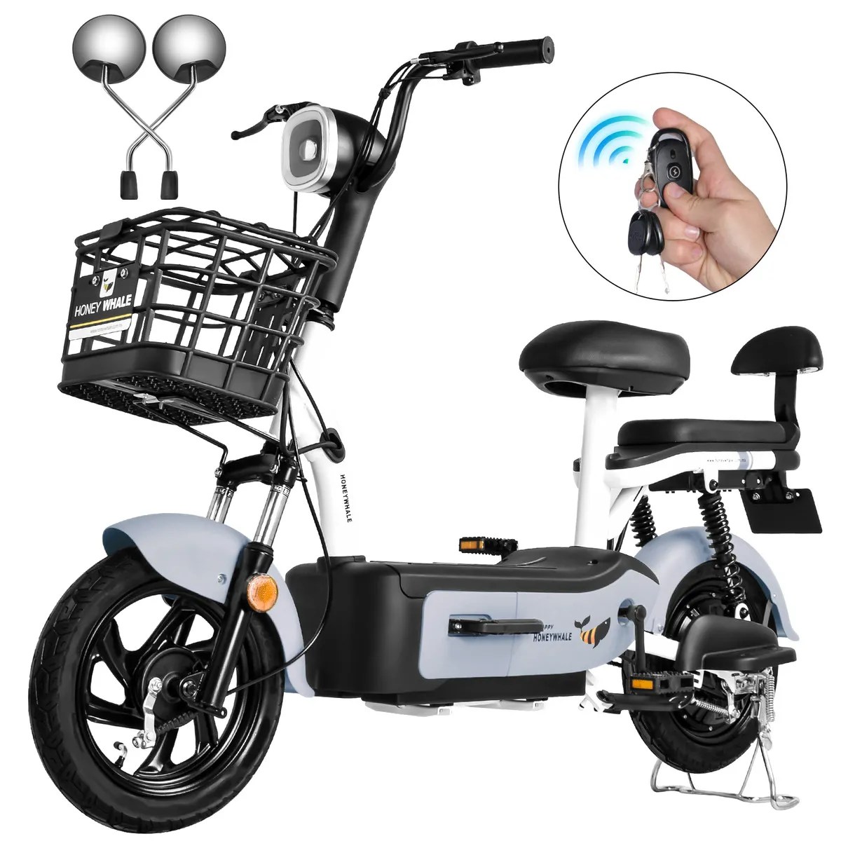 U1s Bicicleta Eléctrica Para Adultos Con Dos Asientos, Honeywhale Bicimoto Eléctrica Con Alarma, Pontencia Máxima 650w, Velocidad Máxima 31km/h, Autonomía 60-65km, Batería 20ah, Color Gris
