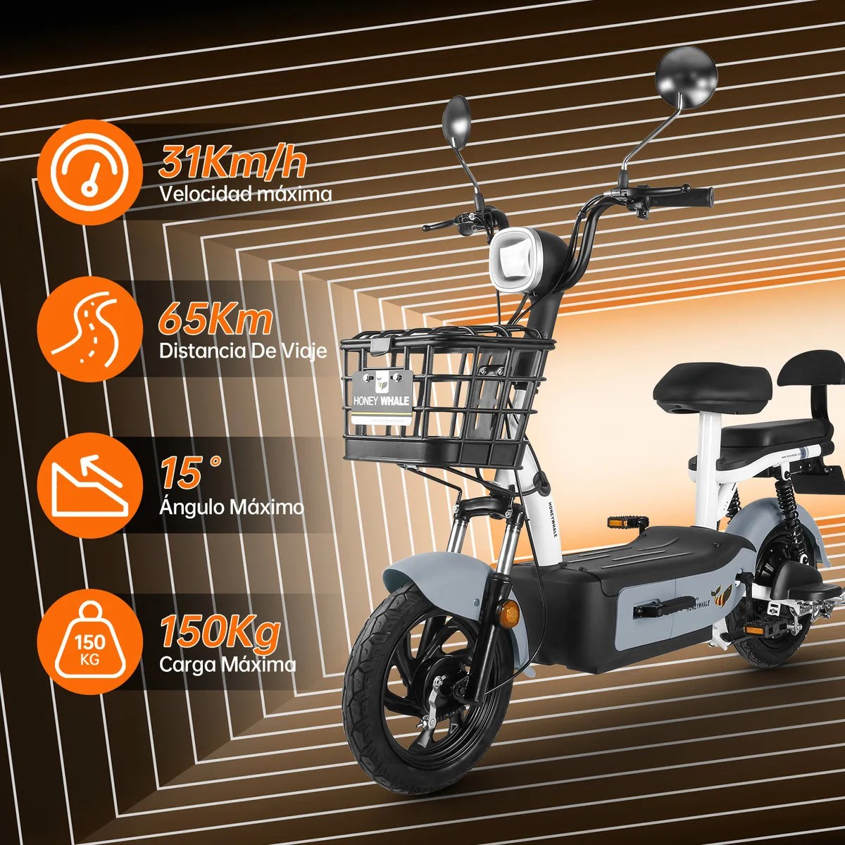 U1s Bicicleta Eléctrica Para Adultos Con Dos Asientos, Honeywhale Bicimoto Eléctrica Con Alarma, Pontencia Máxima 650w, Velocidad Máxima 31km/h, Autonomía 60-65km, Batería 20ah, Color Gris