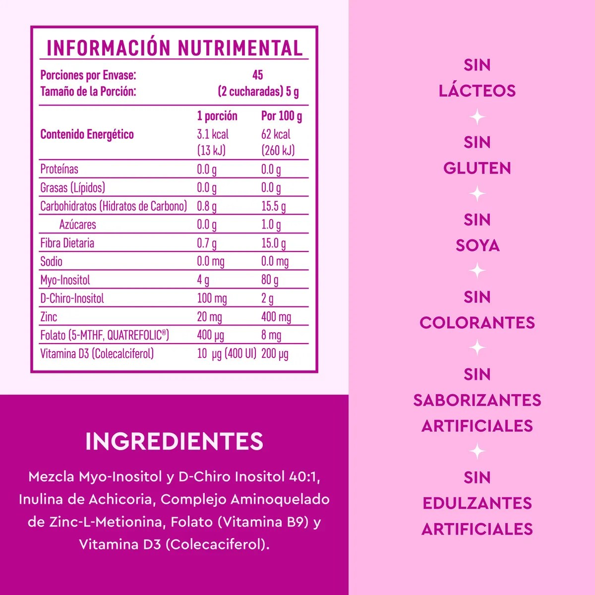 Vitatú | Myo Inositol & D-Chiro Inositol mezcla ideal 40:1 con Folato + Vitamina D3 + Zinc, Suplemento Alimenticio en polvo para Mujeres 225 g