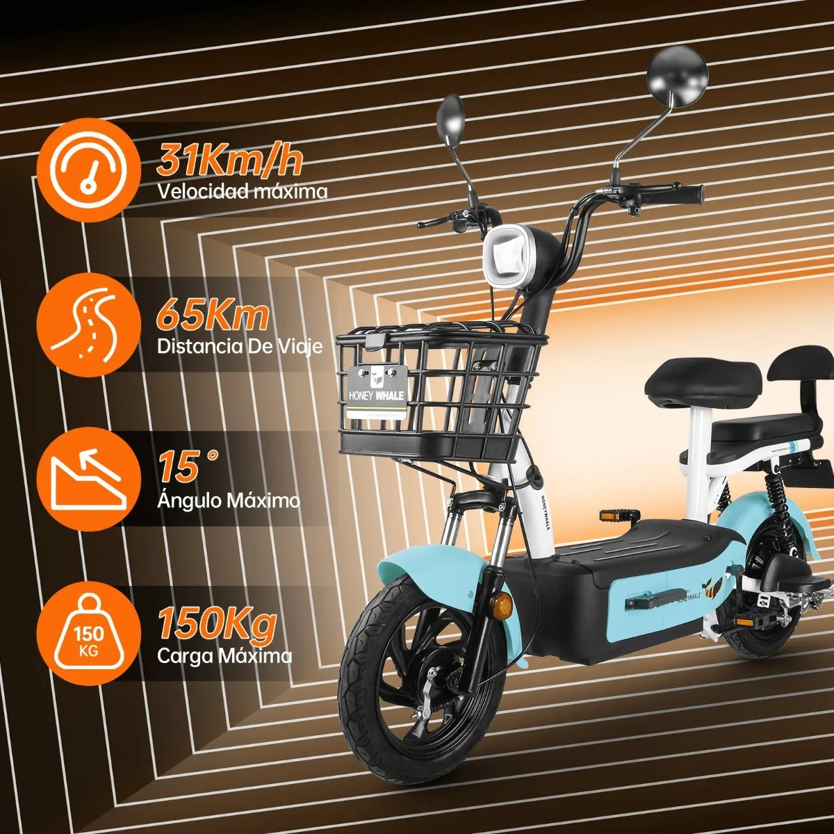 U1s Bicicleta Eléctrica Para Adultos Con Dos Asientos, Honeywhale Bicimoto Eléctrica Con Alarma, Pontencia Máxima 650w, Velocidad Máxima 31km/h, Autonomía 60-65km, Batería 20ah, Color Azul