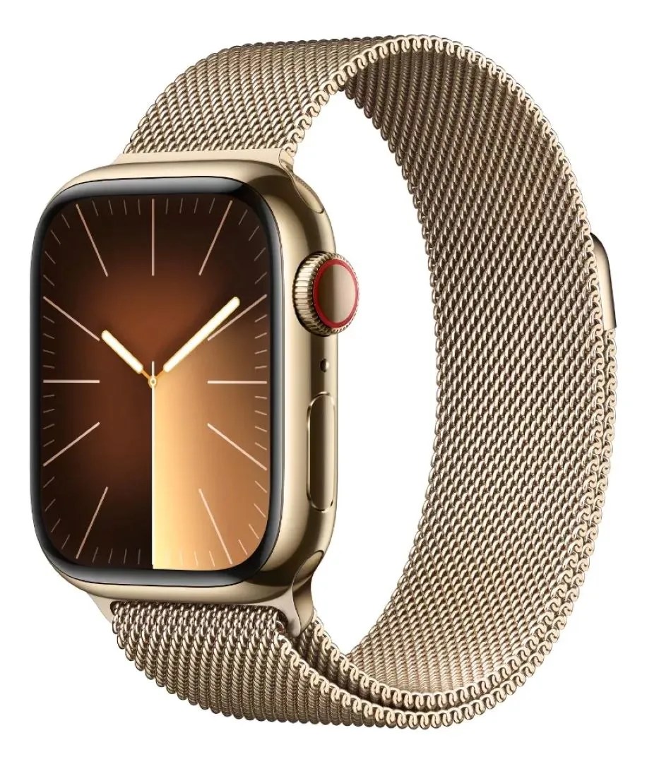 Apple Watch Series 9 GPS + Celular • Caja de acero inoxidable color oro de 41 mm • Correa estilo milanés color oro
