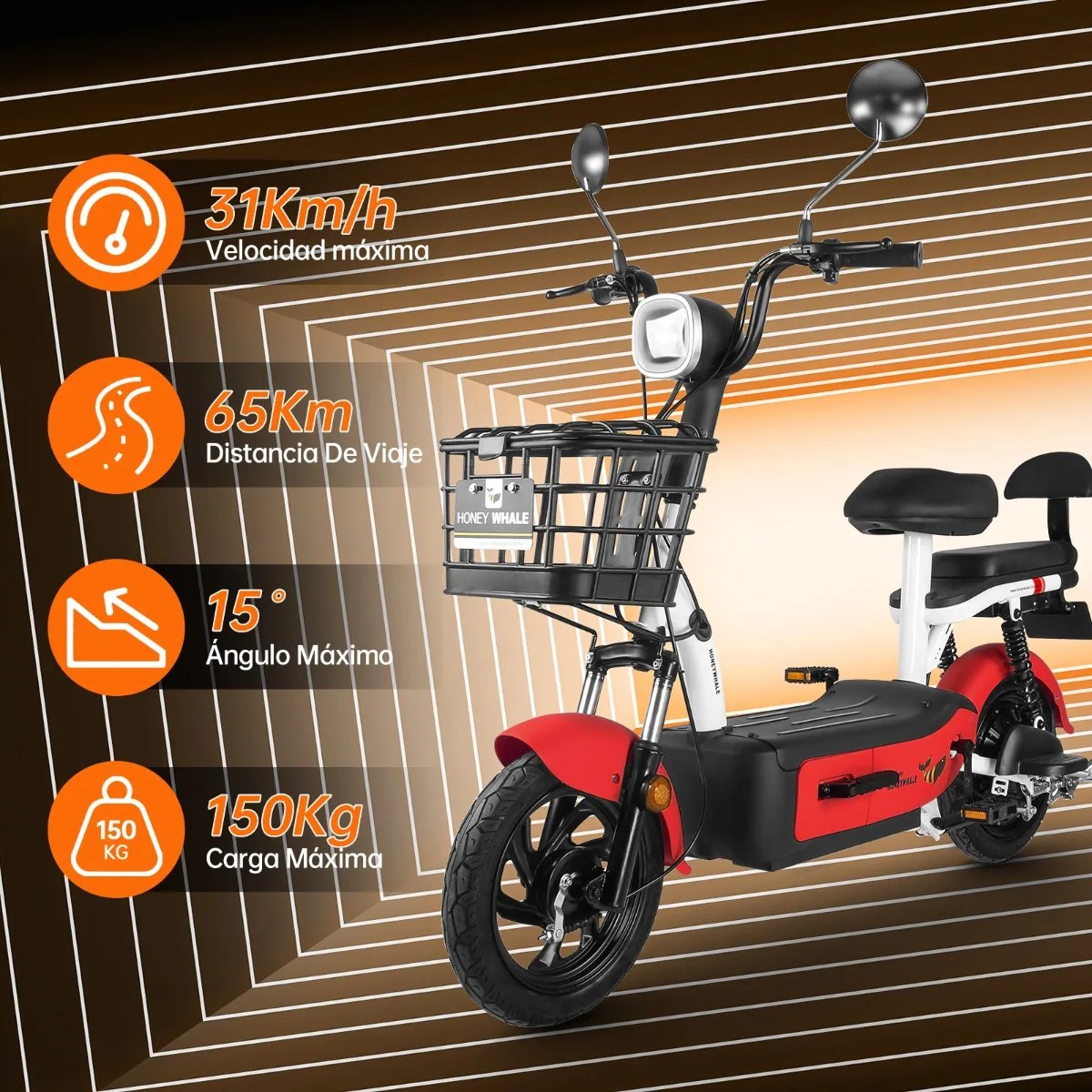 U1s Bicicleta Eléctrica Para Adultos Con Dos Asientos, Honeywhale Bicimoto Eléctrica Con Alarma, Pontencia Máxima 650w, Velocidad Máxima 31km/h, Autonomía 60-65km, Batería 20ah, Color Rojo