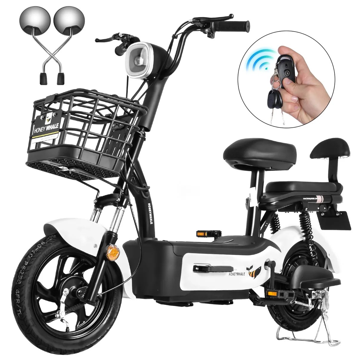 U1s Bicicleta Eléctrica Para Adultos Con Dos Asientos, Honeywhale Bicimoto Eléctrica Con Alarma, Pontencia Máxima 650w, Velocidad Máxima 31km/h, Autonomía 60-65km, Batería 20ah, Color Blanco