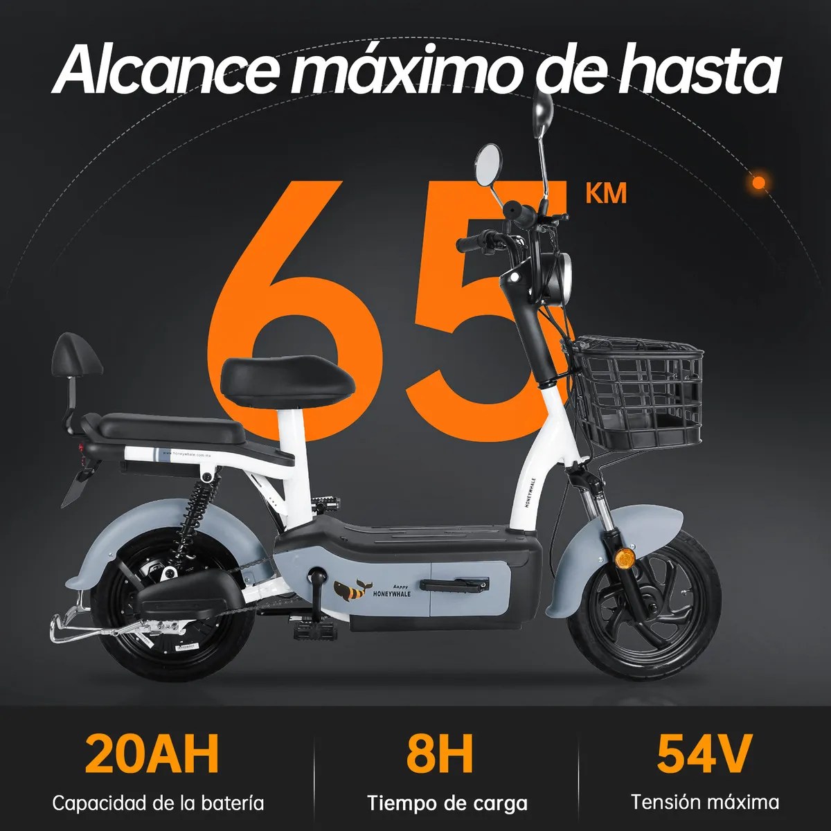 U1s Bicicleta Eléctrica Para Adultos Con Dos Asientos, Honeywhale Bicimoto Eléctrica Con Alarma, Pontencia Máxima 650w, Velocidad Máxima 31km/h, Autonomía 60-65km, Batería 20ah, Color Gris