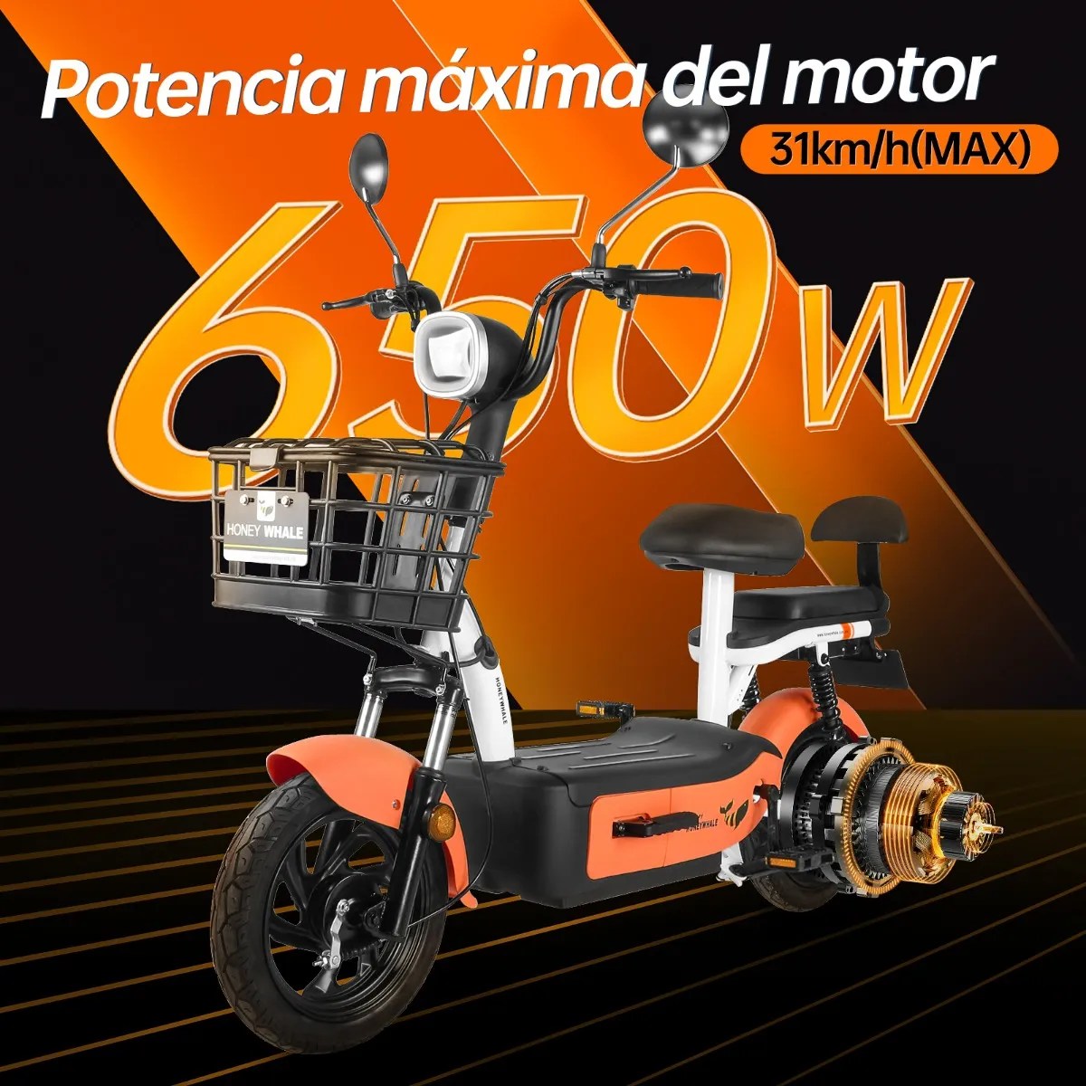 U1s Bicicleta Eléctrica Para Adultos Con Dos Asientos, Honeywhale Bicimoto Eléctrica Con Alarma, Pontencia Máxima 650w, Velocidad Máxima 31km/h, Autonomía 60-65km, Batería 20ah, Color Naranja