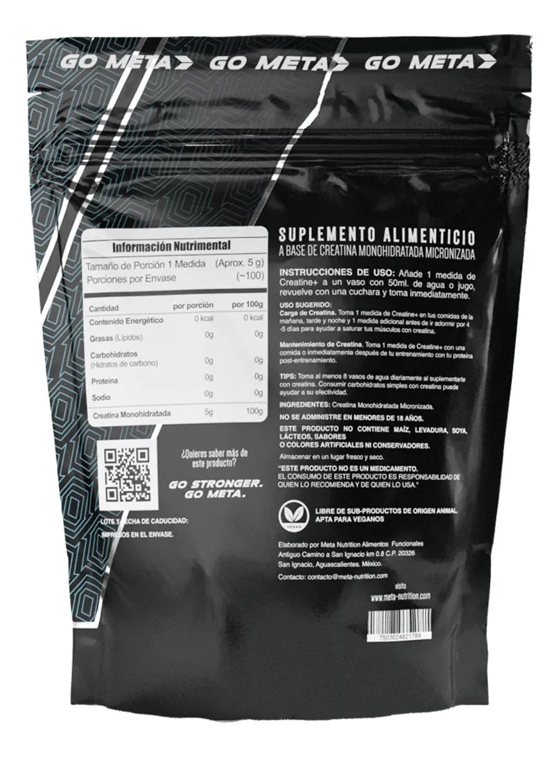 Monohidrato De Creatina Meta Nutrition 500 G. 100 Porciones Sabor Sin sabor