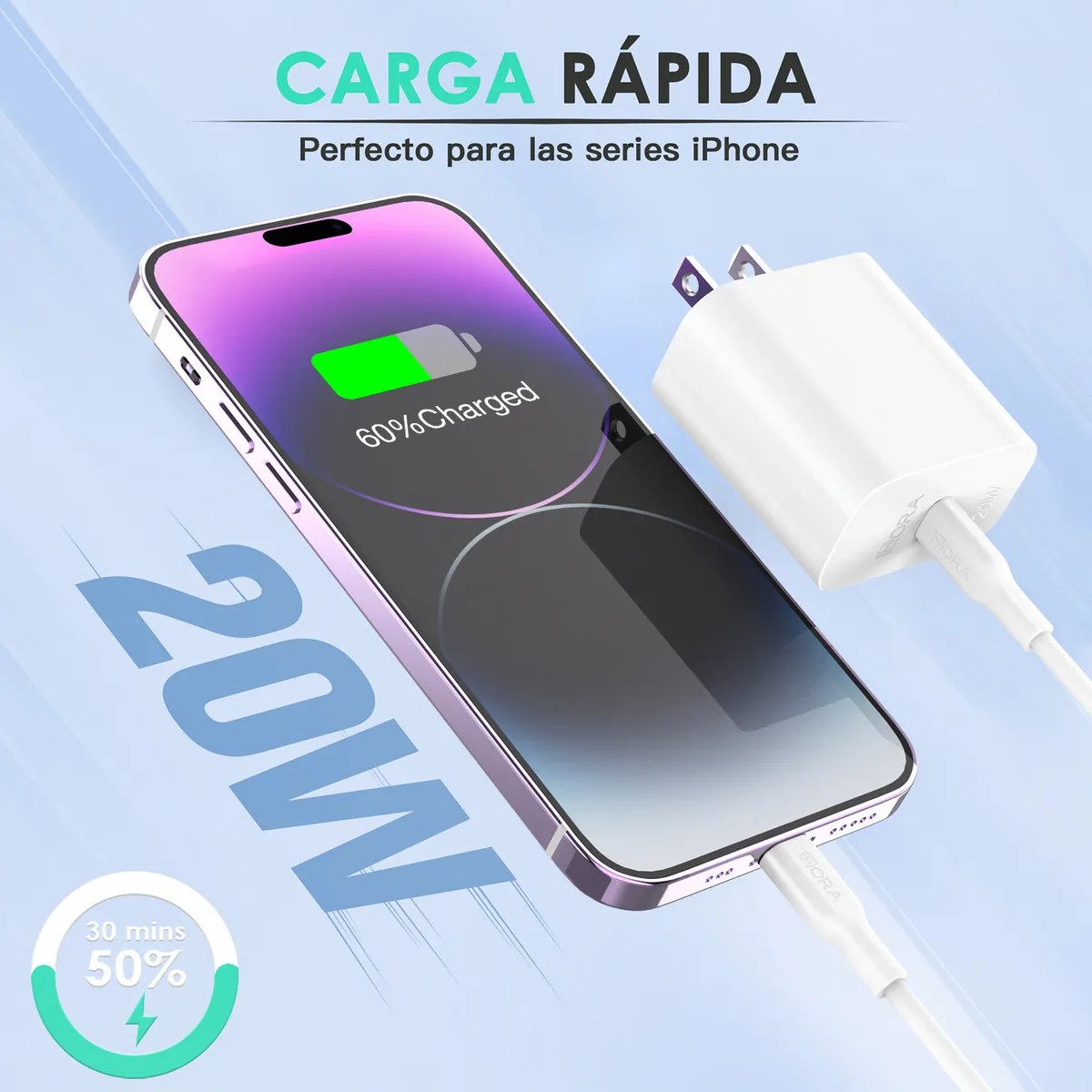 Cargador Turbo 3a 20w Carga Rápida Compatible con iPhone XS/XR/11/12/13/14 Cargador Tipo C con Cable IP 1Hora GAR154