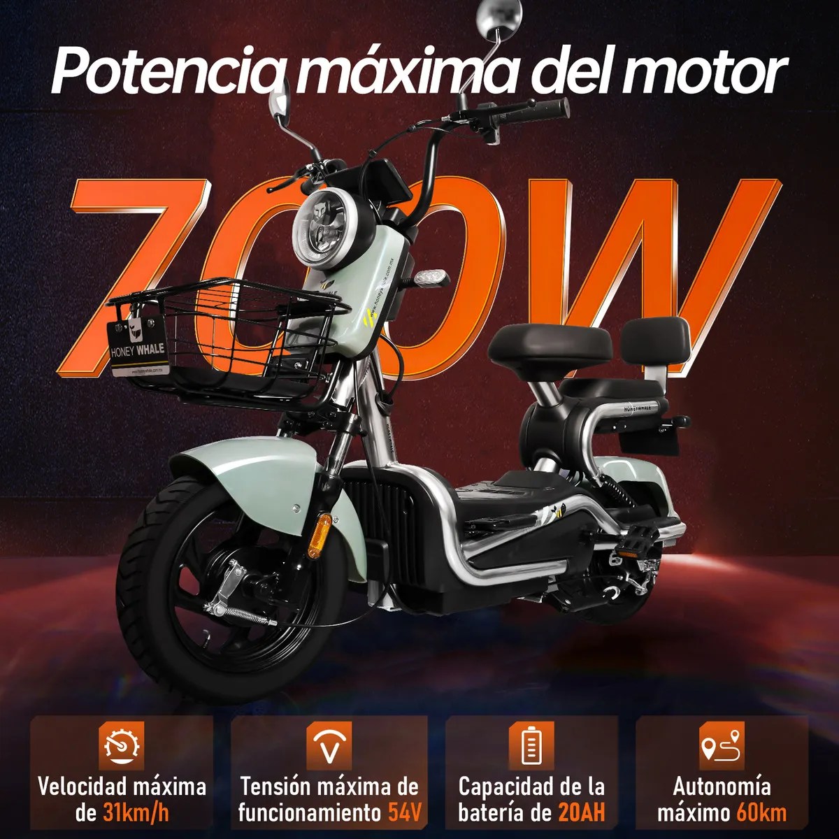 Bicicleta Eléctrica Kc 700w 45km/h 60km Moto Honey Whale – Verde