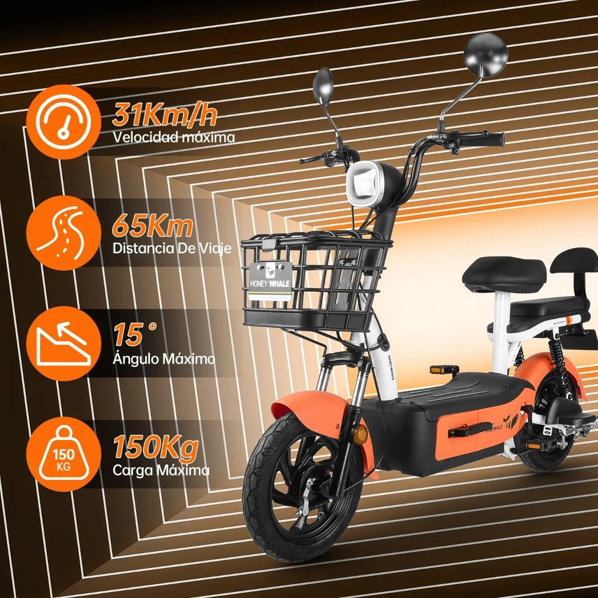 U1s Bicicleta Eléctrica Para Adultos Con Dos Asientos, Honeywhale Bicimoto Eléctrica Con Alarma, Pontencia Máxima 650w, Velocidad Máxima 31km/h, Autonomía 60-65km, Batería 20ah, Color Naranja