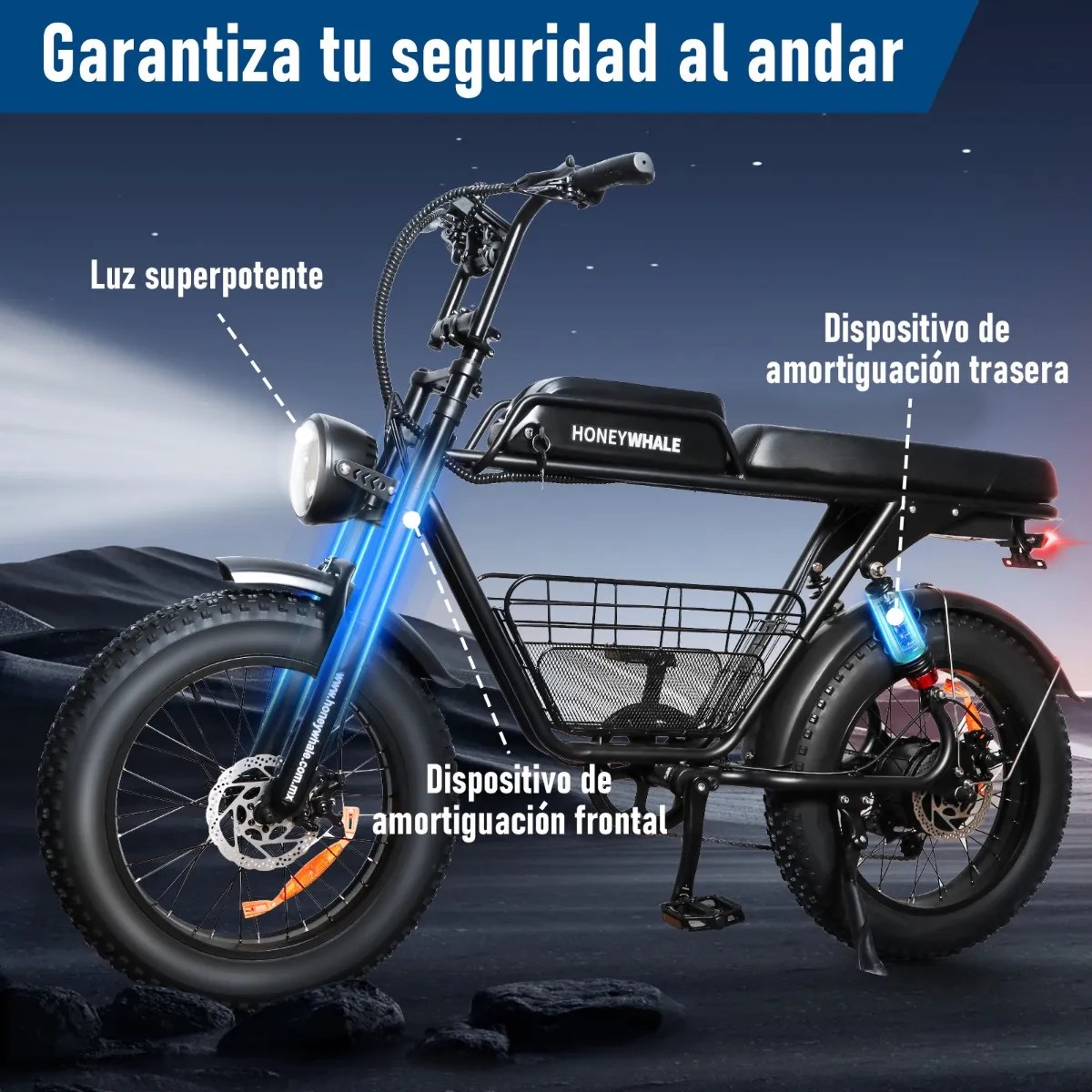 Honey Whale K7 Bicicleta Eléctrica para Adultos, Moto Bicicleta de Montaña de 7 Velocidades, Potencia del Motor 1080 W, Velocidad Máxima 48KM/H, Batería (48V, 15AH), Autonomía 40-45KM