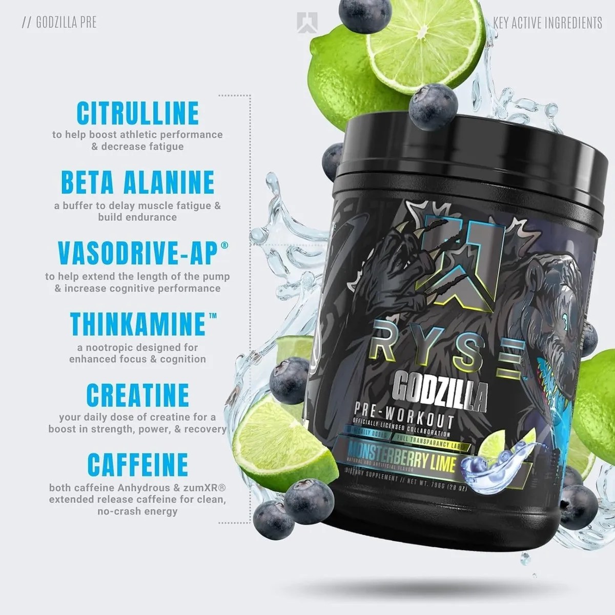 Pre Entreno Ryse Godzilla Pwo 40 Serv Los Sabore Sabor Monsterberry Lime