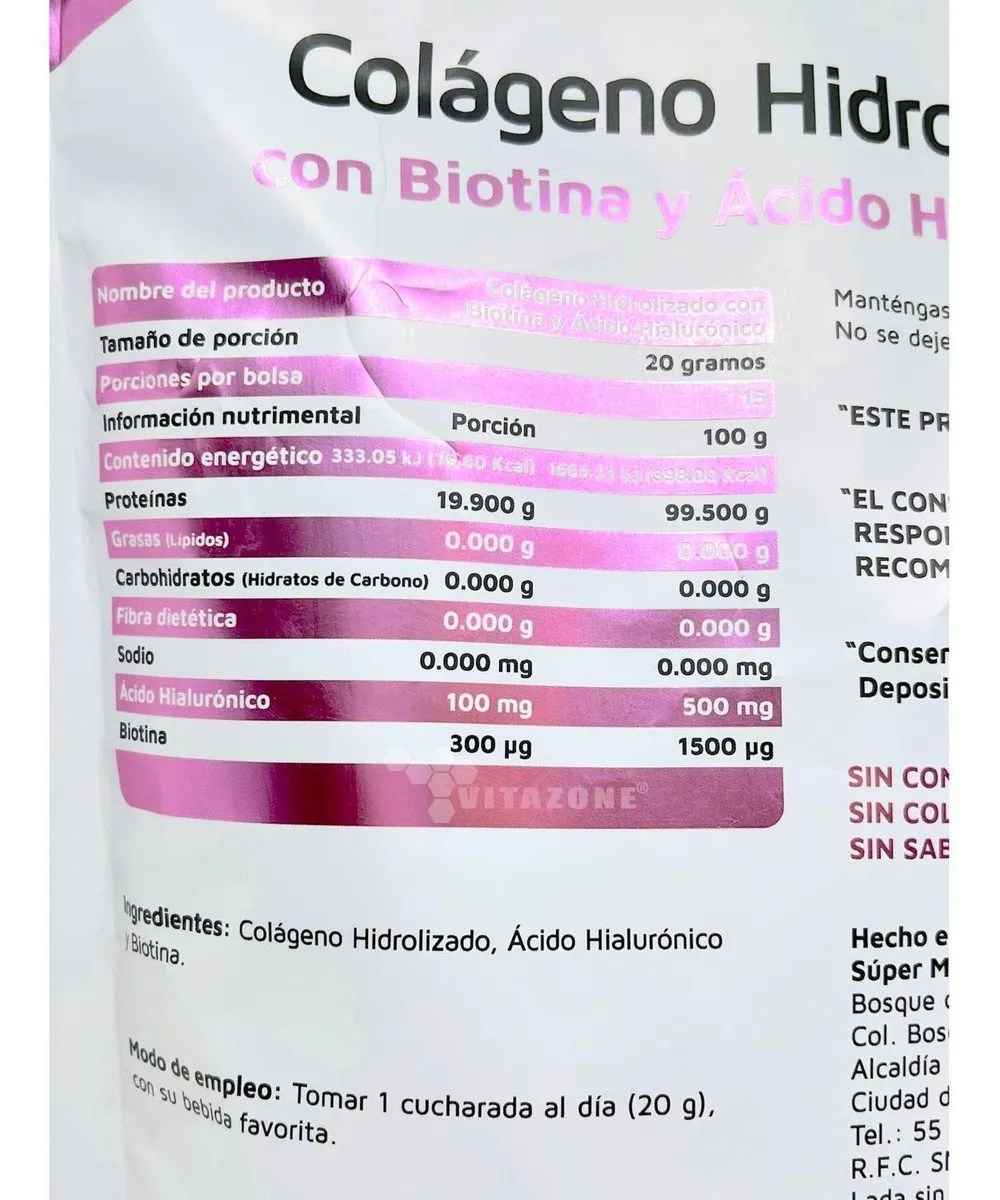 Colageno Hidrolizado Puro, Biotina, Acido Hialurónico 300 Gr Sin Sabor