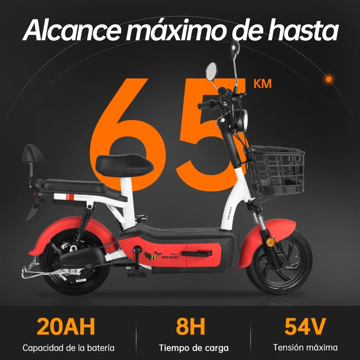 U1s Bicicleta Eléctrica Para Adultos Con Dos Asientos, Honeywhale Bicimoto Eléctrica Con Alarma, Pontencia Máxima 650w, Velocidad Máxima 31km/h, Autonomía 60-65km, Batería 20ah, Color Rojo