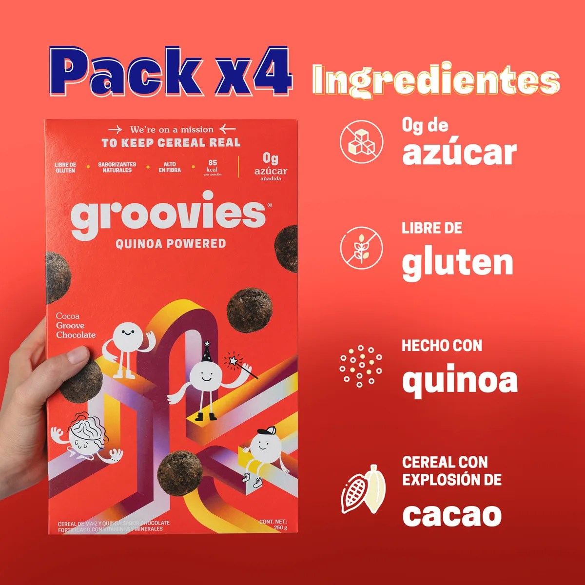Groovies cereal saludable quinoa sin gluten chocolate 4 pzs