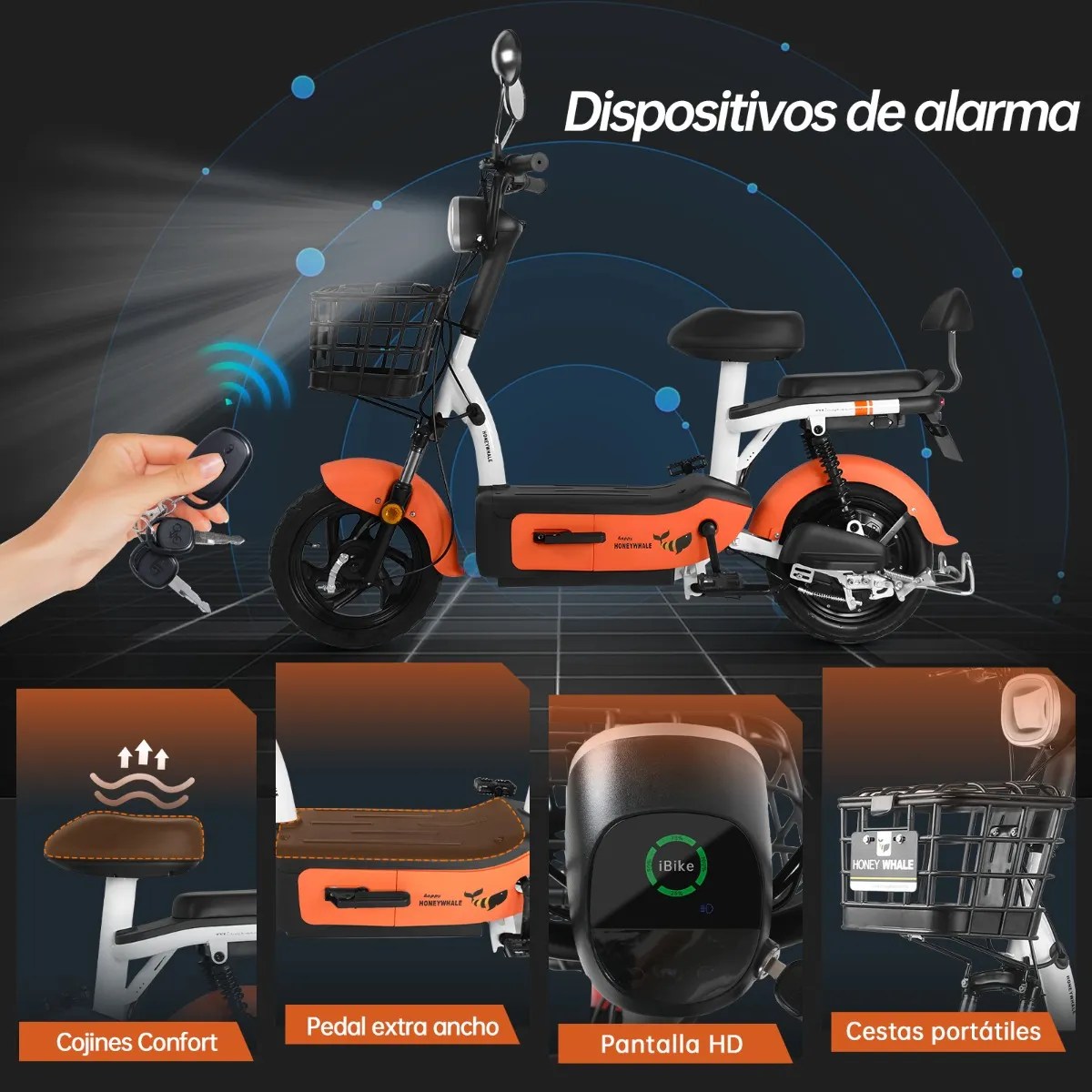 U1s Bicicleta Eléctrica Para Adultos Con Dos Asientos, Honeywhale Bicimoto Eléctrica Con Alarma, Pontencia Máxima 650w, Velocidad Máxima 31km/h, Autonomía 60-65km, Batería 20ah, Color Naranja