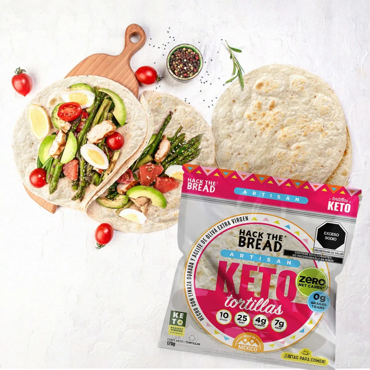 Tortillas Keto Zero Carbs, 22.5 Calorías, Hackthebread 3pack