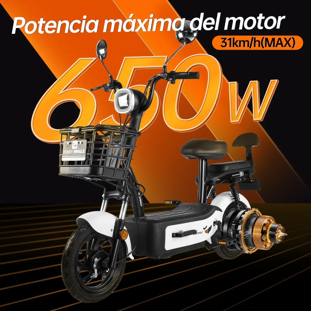 U1s Bicicleta Eléctrica Para Adultos Con Dos Asientos, Honeywhale Bicimoto Eléctrica Con Alarma, Pontencia Máxima 650w, Velocidad Máxima 31km/h, Autonomía 60-65km, Batería 20ah, Color Blanco
