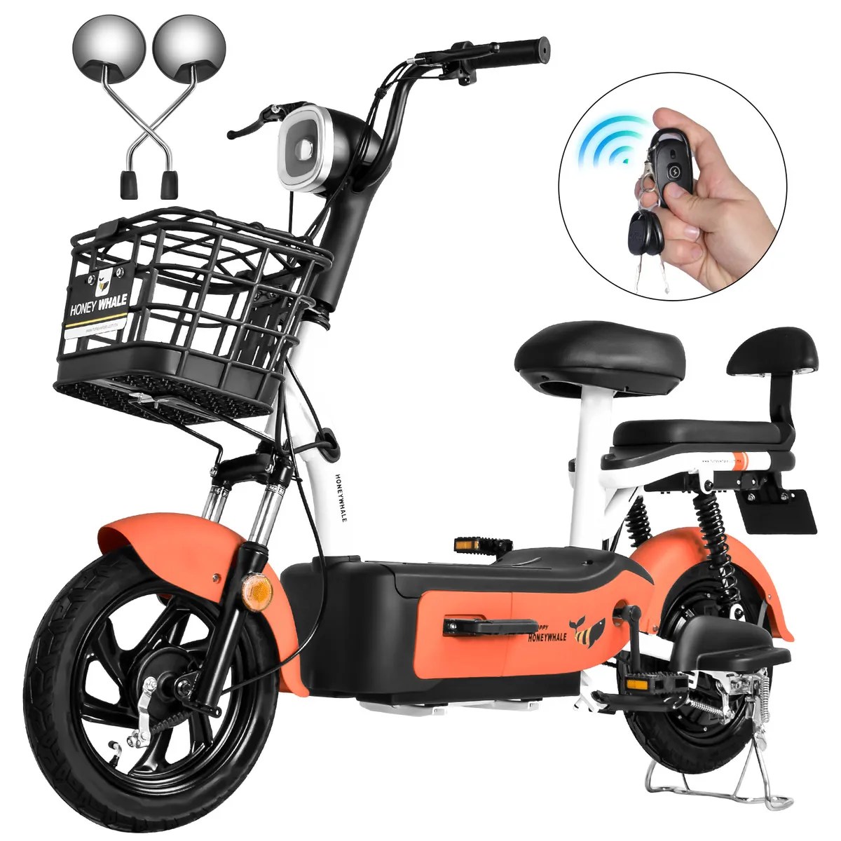 U1s Bicicleta Eléctrica Para Adultos Con Dos Asientos, Honeywhale Bicimoto Eléctrica Con Alarma, Pontencia Máxima 650w, Velocidad Máxima 31km/h, Autonomía 60-65km, Batería 20ah, Color Naranja