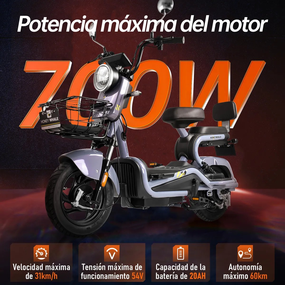 Bicicleta Eléctrica Kc 700w 45km/h 60km Moto Honey Whale – Tornasol