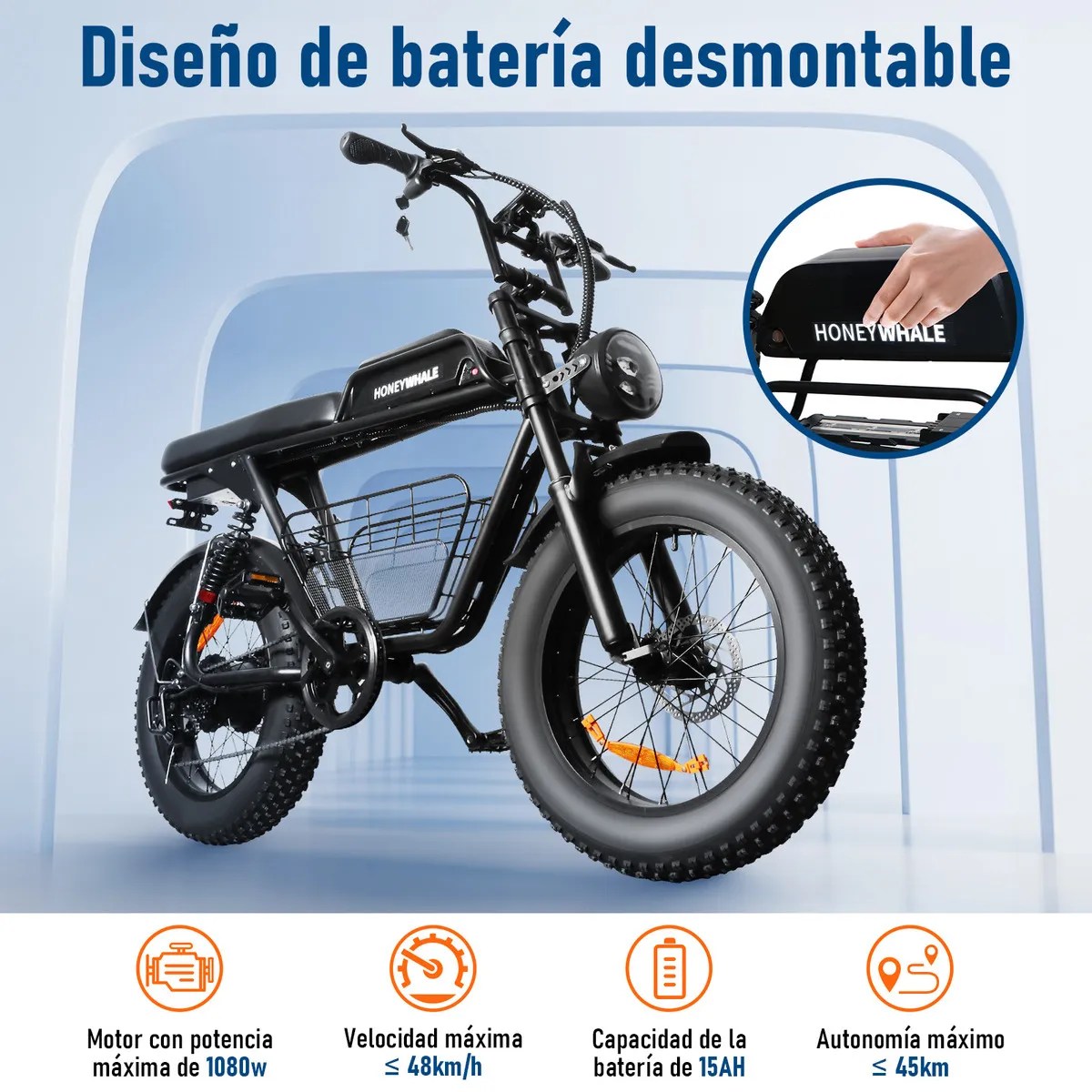 Honey Whale K7 Bicicleta Eléctrica para Adultos, Moto Bicicleta de Montaña de 7 Velocidades, Potencia del Motor 1080 W, Velocidad Máxima 48KM/H, Batería (48V, 15AH), Autonomía 40-45KM