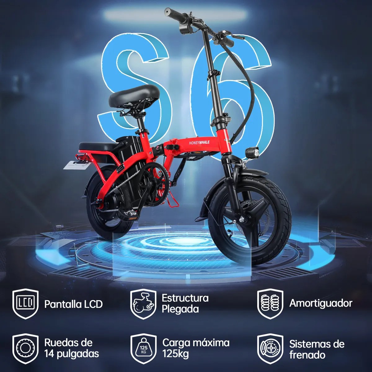 Bicicleta Eléctrica Plegable Honey Whale S6 600w 35km/h S6 ROJO