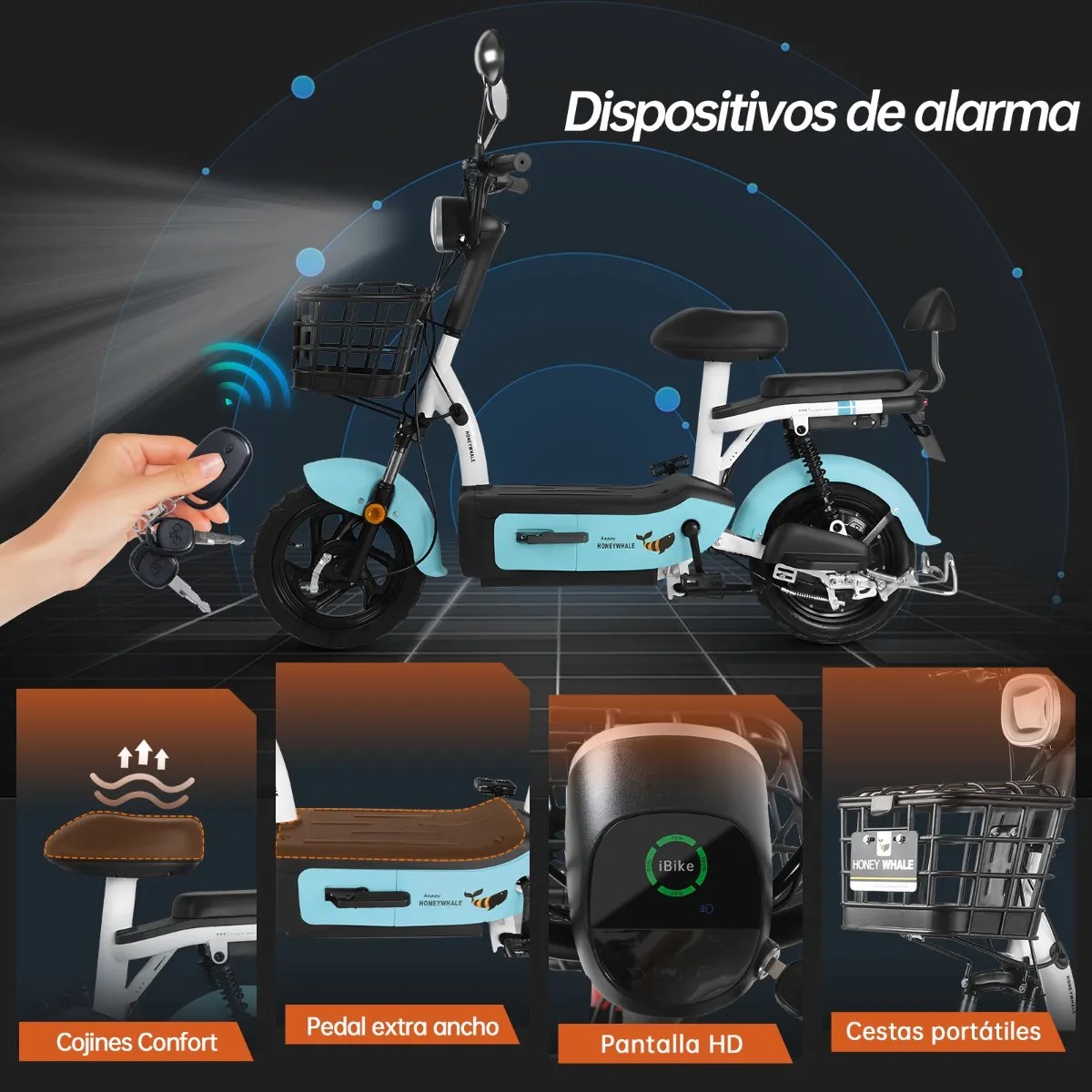 U1s Bicicleta Eléctrica Para Adultos Con Dos Asientos, Honeywhale Bicimoto Eléctrica Con Alarma, Pontencia Máxima 650w, Velocidad Máxima 31km/h, Autonomía 60-65km, Batería 20ah, Color Azul