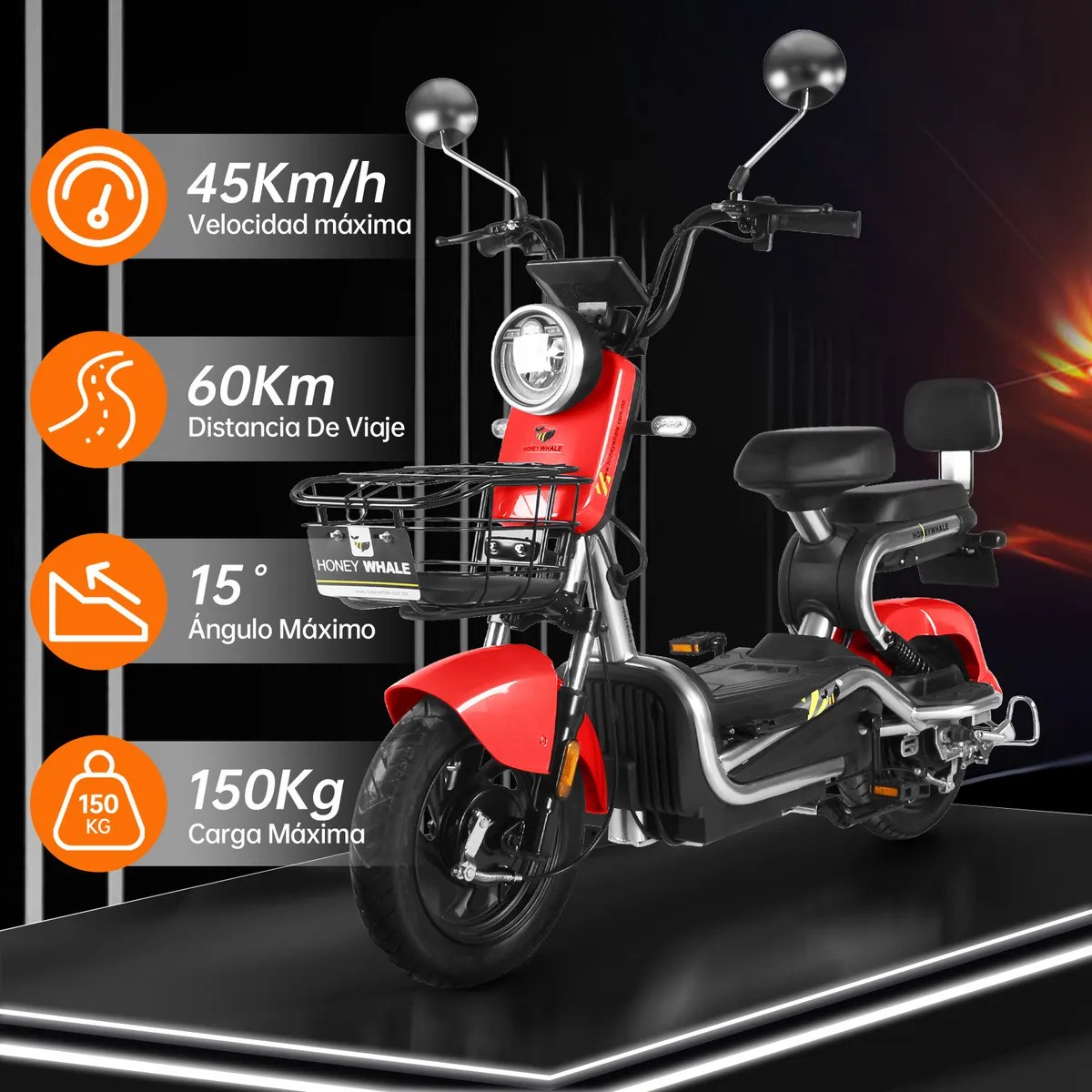 Bicicleta Eléctrica Kc 700w 45km/h 60km Moto Honey Whale – Rojo