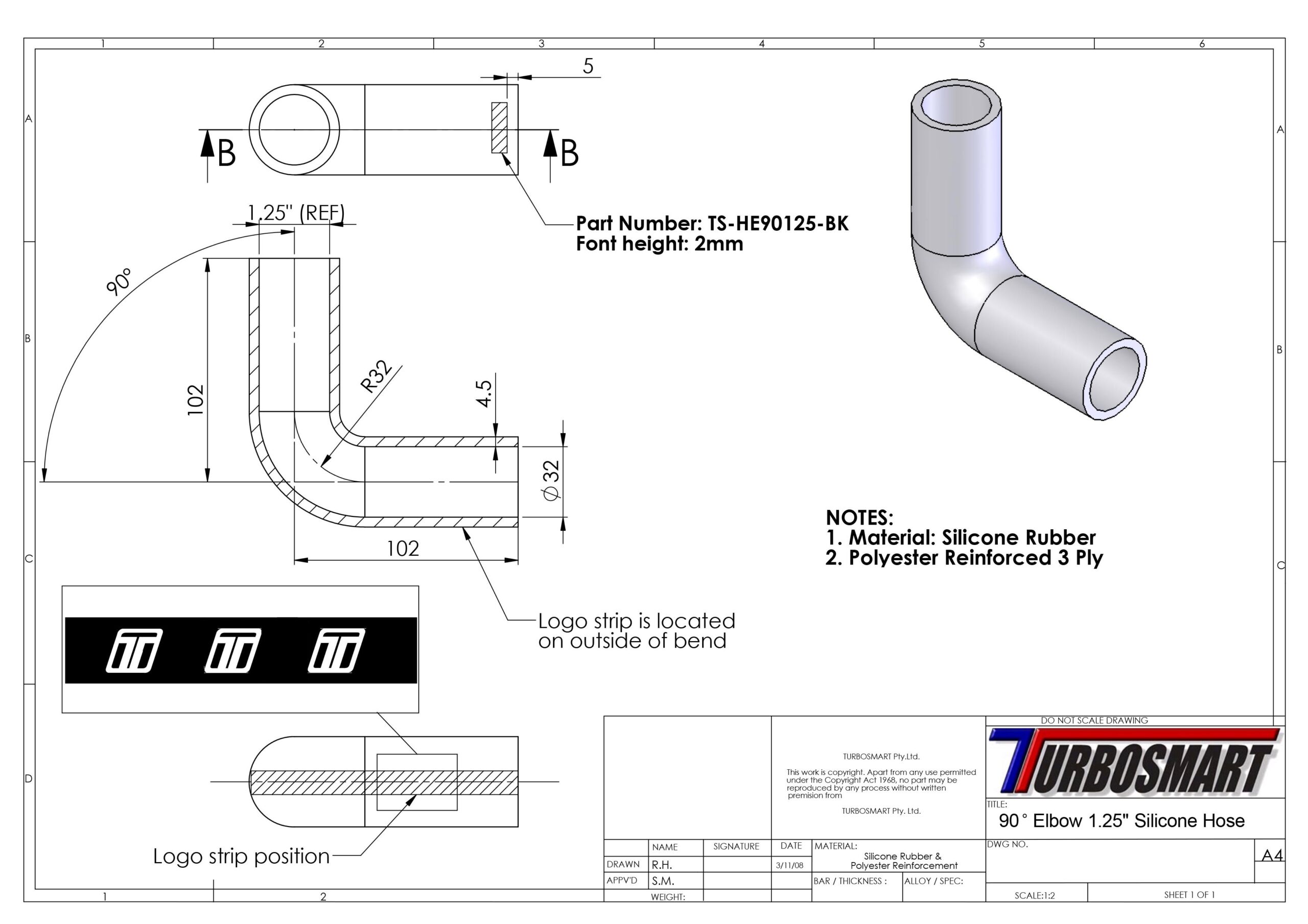 Turbosmart Silicon Hose 90 Elbow 1.25″ BLACK