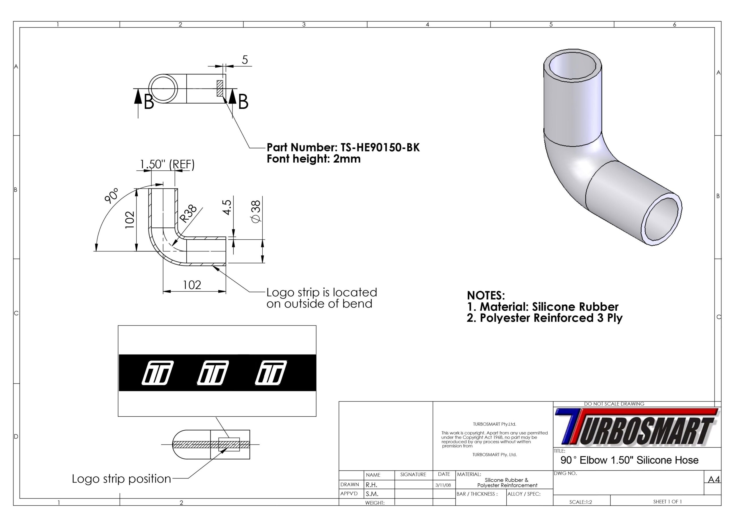 Turbosmart Silicon Hose 90 Elbow 1.50″ BLACK
