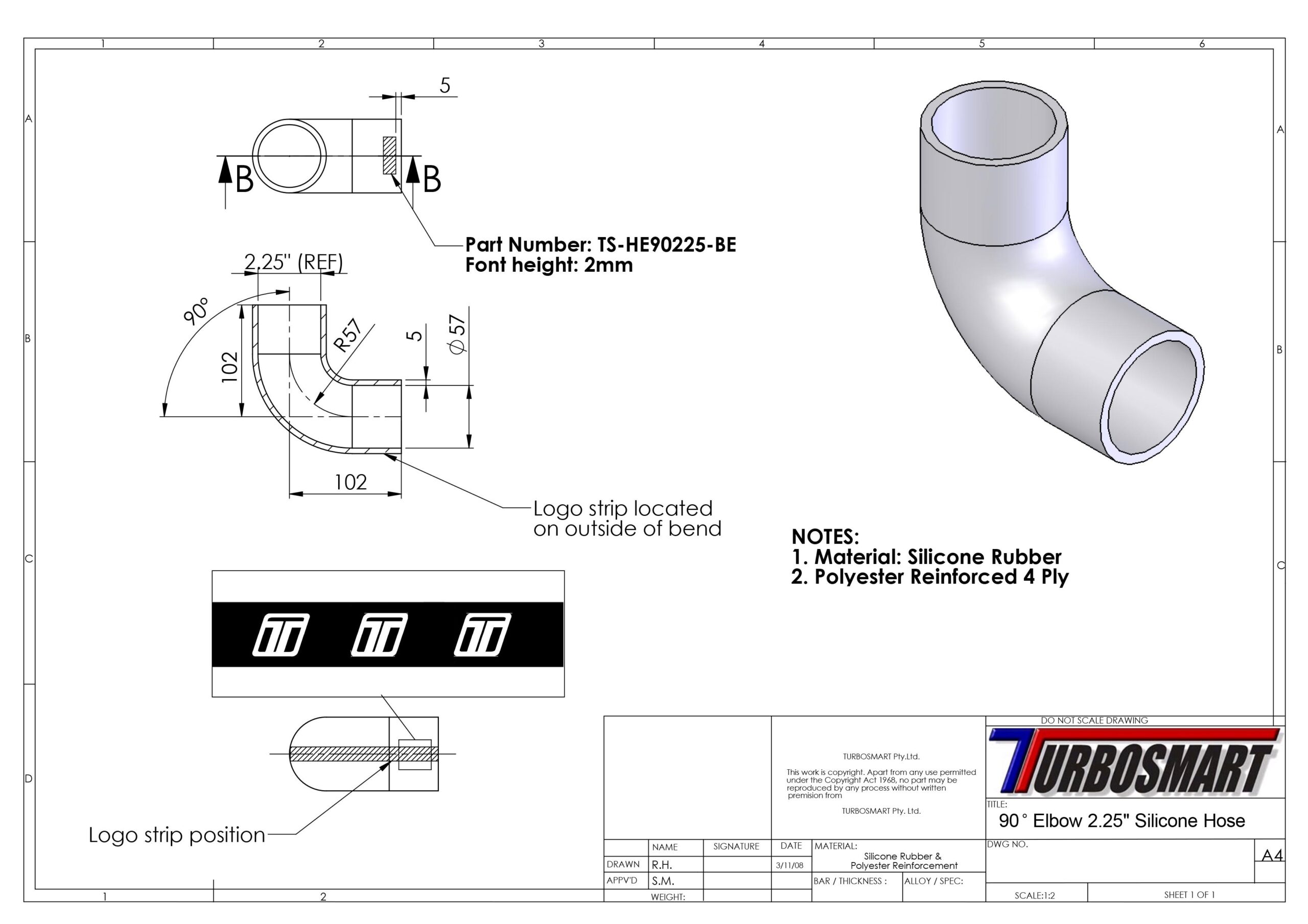 Turbosmart Silicon Hose 90 Elbow 2.25″ BLACK