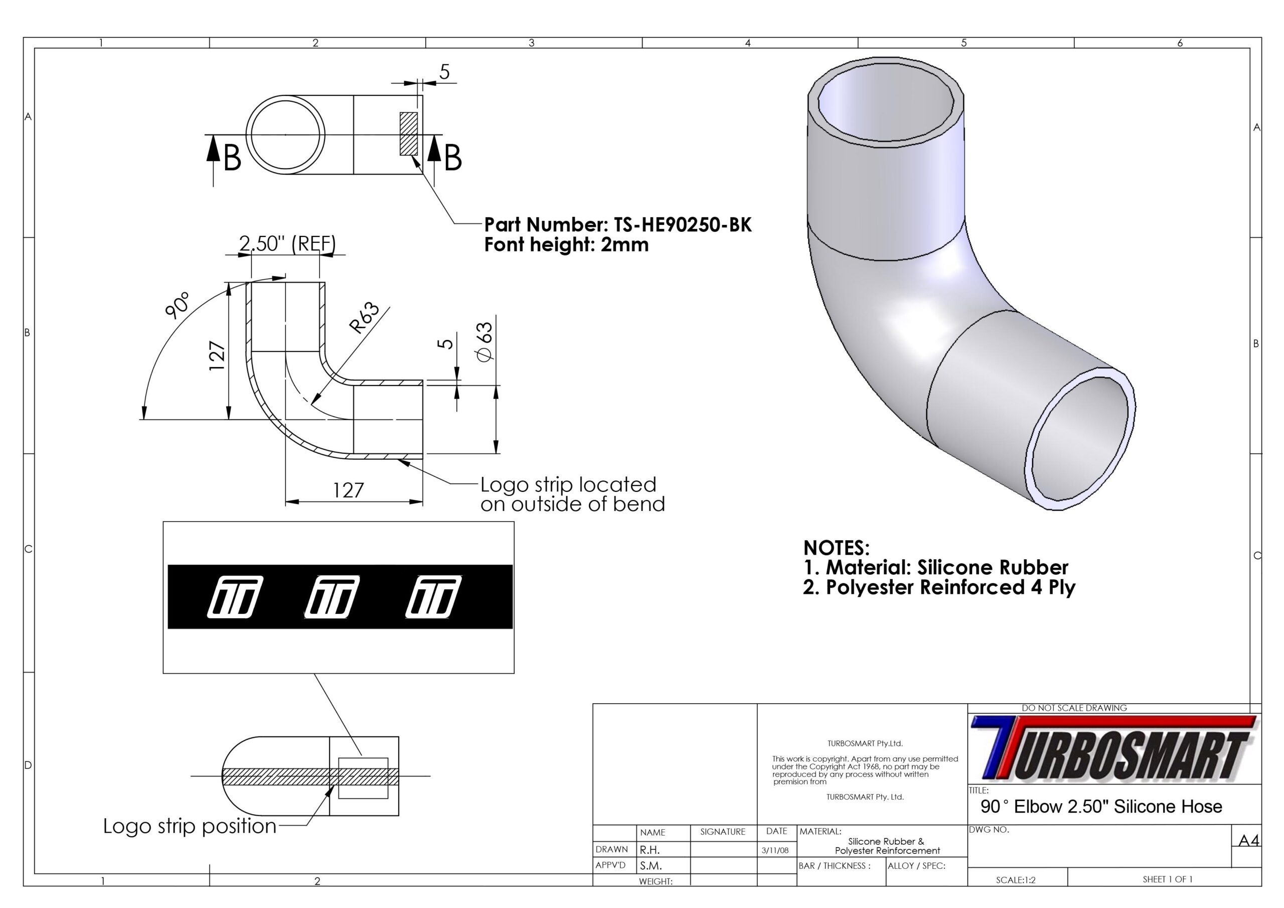 Turbosmart Silicon Hose 90 Elbow 2.50″ BLACK