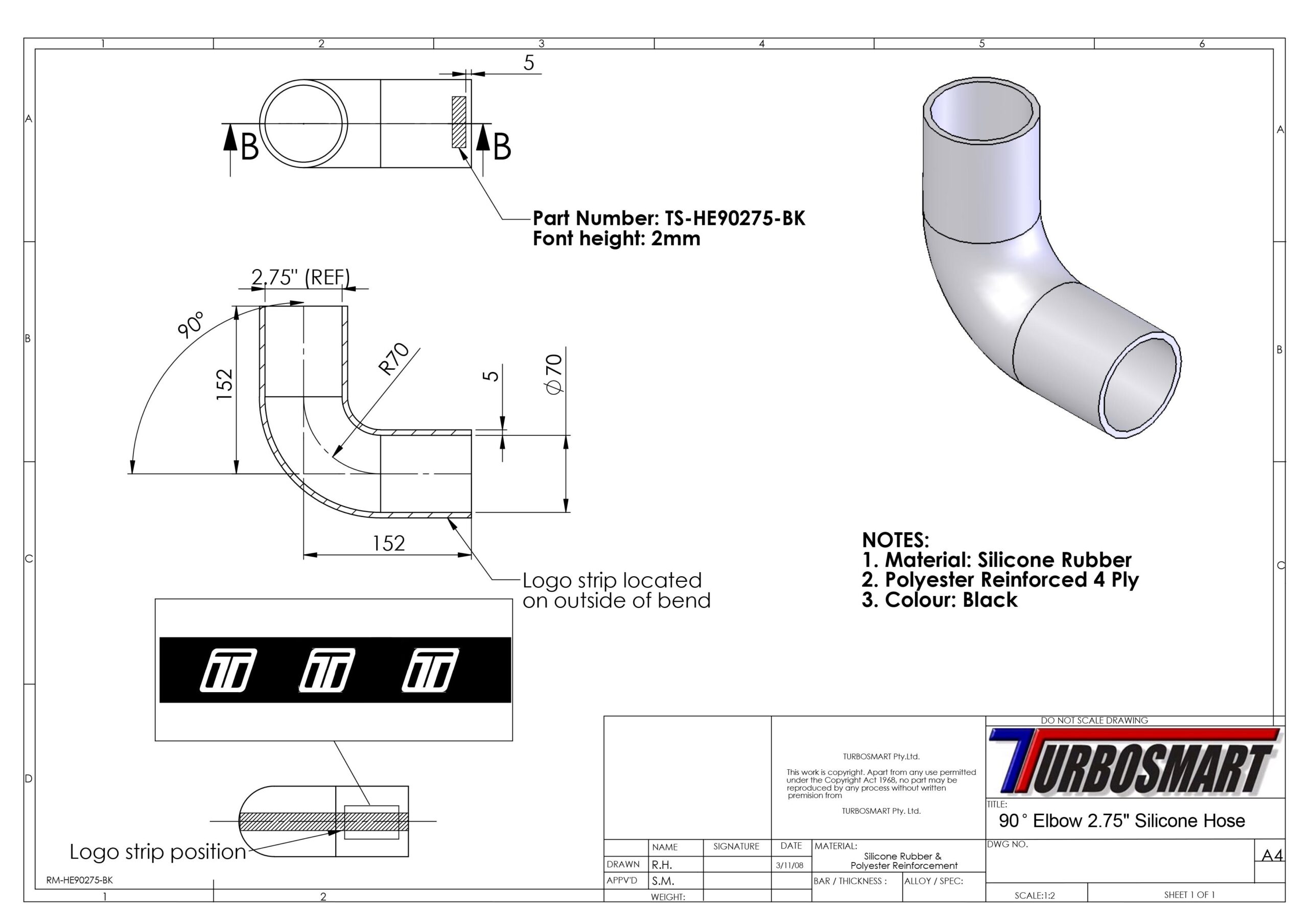 Turbosmart Silicon Hose 90 Elbow 2.75″ BLACK