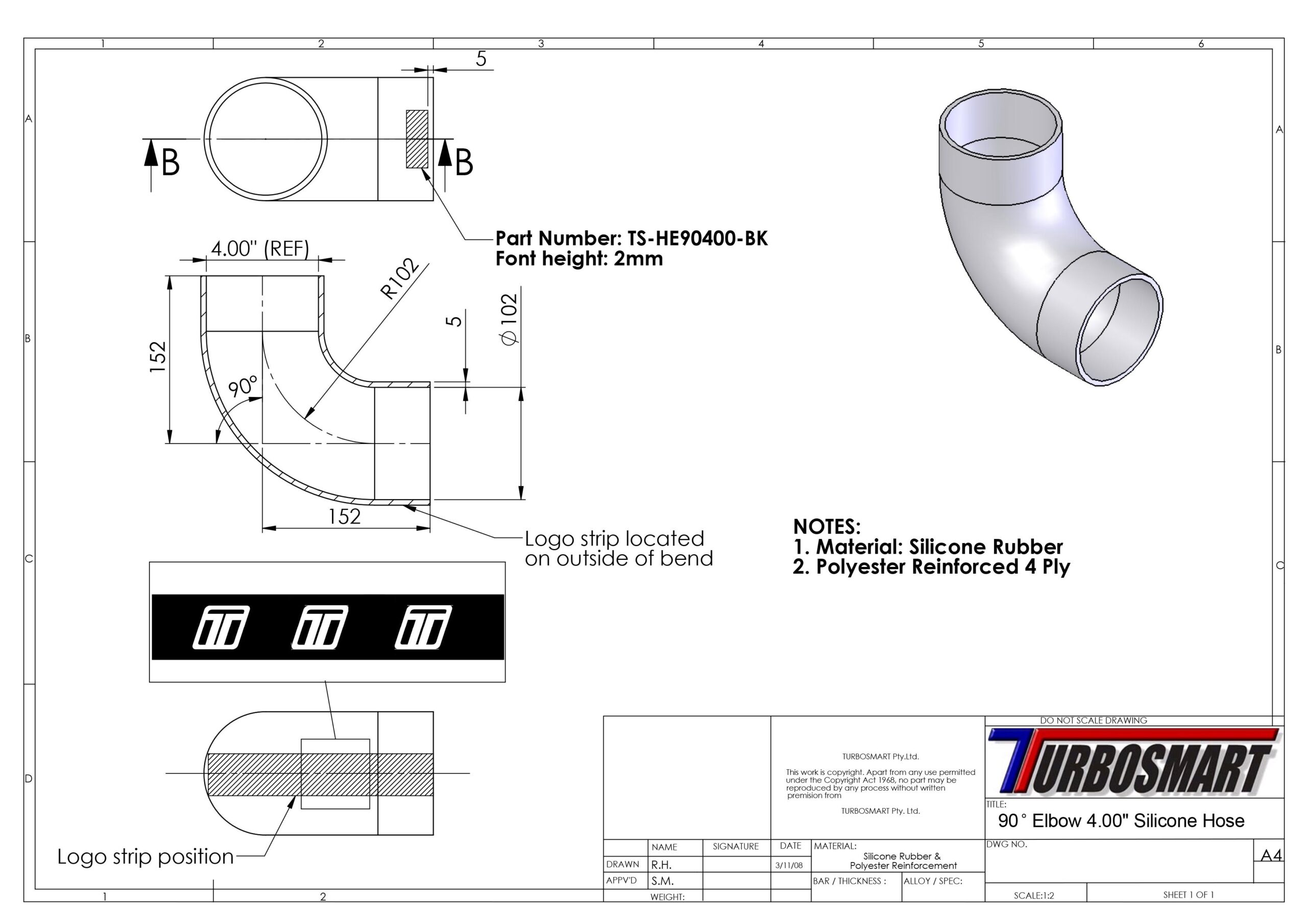 Turbosmart Silicon Hose 90 Elbow 4.00″ BLACK
