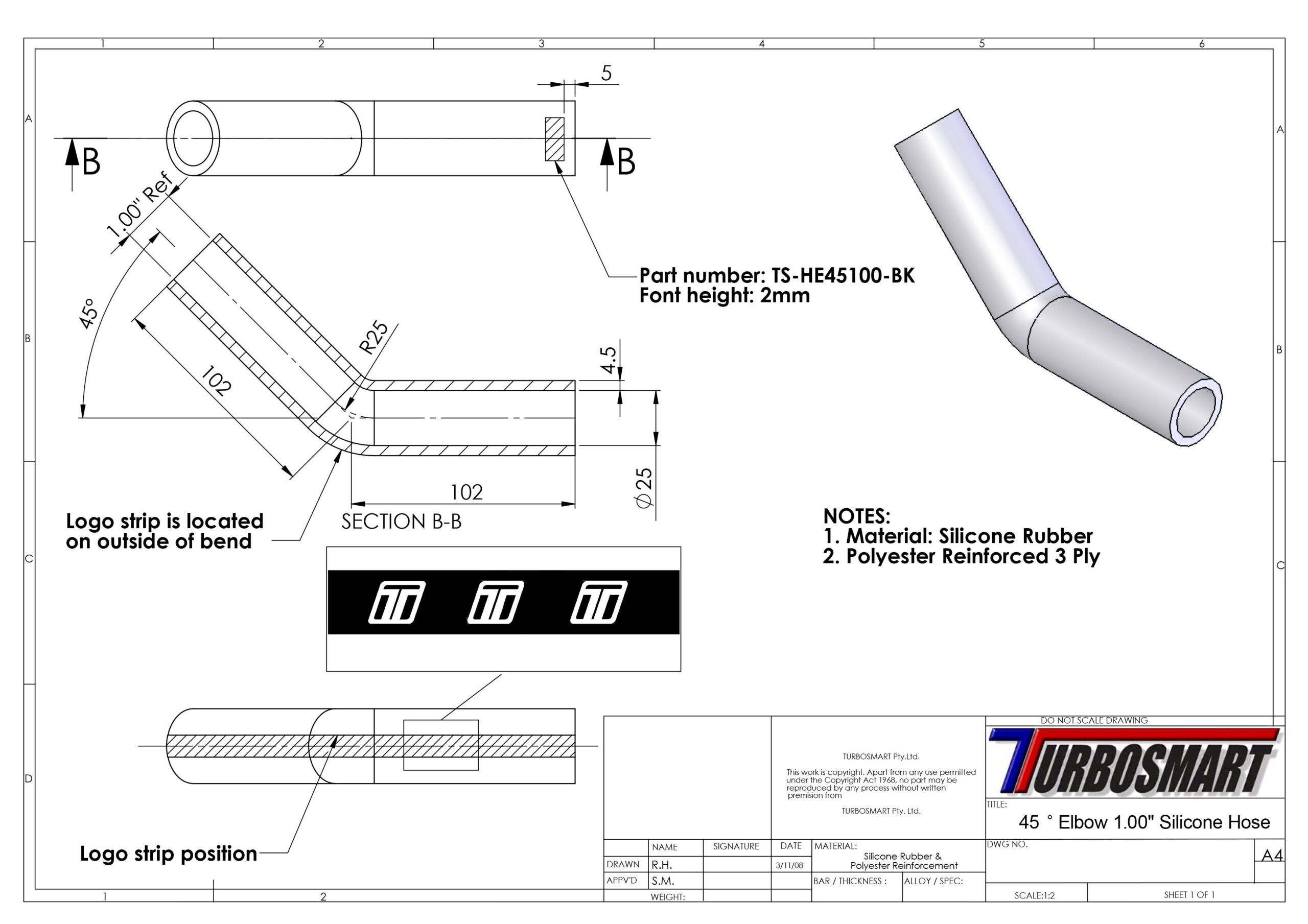 Turbosmart Silicon Hose 45 Elbow 1.00″ BLACK