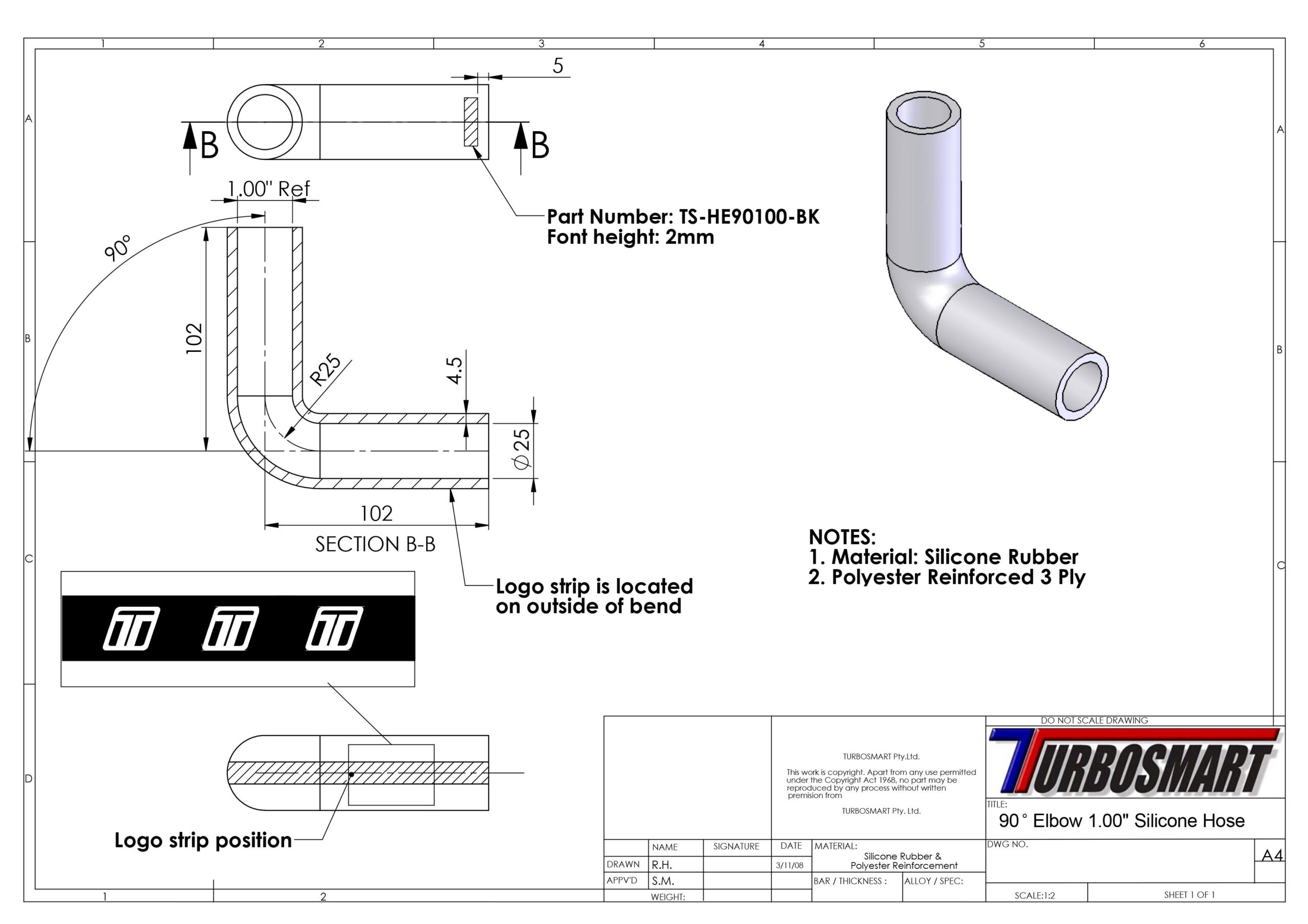 Turbosmart Silicon Hose 90 Elbow 1.00″ BLACK