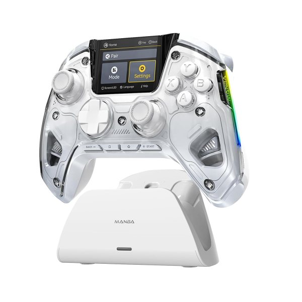 (No Drift) ManbaOne Interactive Screen Wireless Gaming Controller for PC/Switch/iOS/Android/Steam Deck,Hall Effect Stick & Trigger,RGB Lighting,Remappable Buttons,1800mAh with Charging Dock (White)