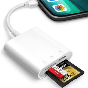 SD Card Reader for iPhone iPad, Oyuiasle Trail Game Camera SD Card Viewer with Dual Slot for MicroSD/SD, Dual-Connector Memory Card Adapter for Photography, Plug and Play