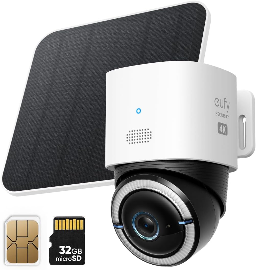 eufy Security 4G LTE Cam S330, 4K Cellular Solar Security Cameras Wireless Outdoor, Pan and Tilt, 4G and Wi-Fi Duo-Mode, AI Tracking, with SIM Card and 32GB SD Card eufy Security 4G LTE Cam S330, 4K Cellular Solar Security Cameras Wireless Outdoor, Pan and Tilt, 4G and Wi-Fi Duo-Mode, AI Tracking, with SIM Card and 32GB SD Card