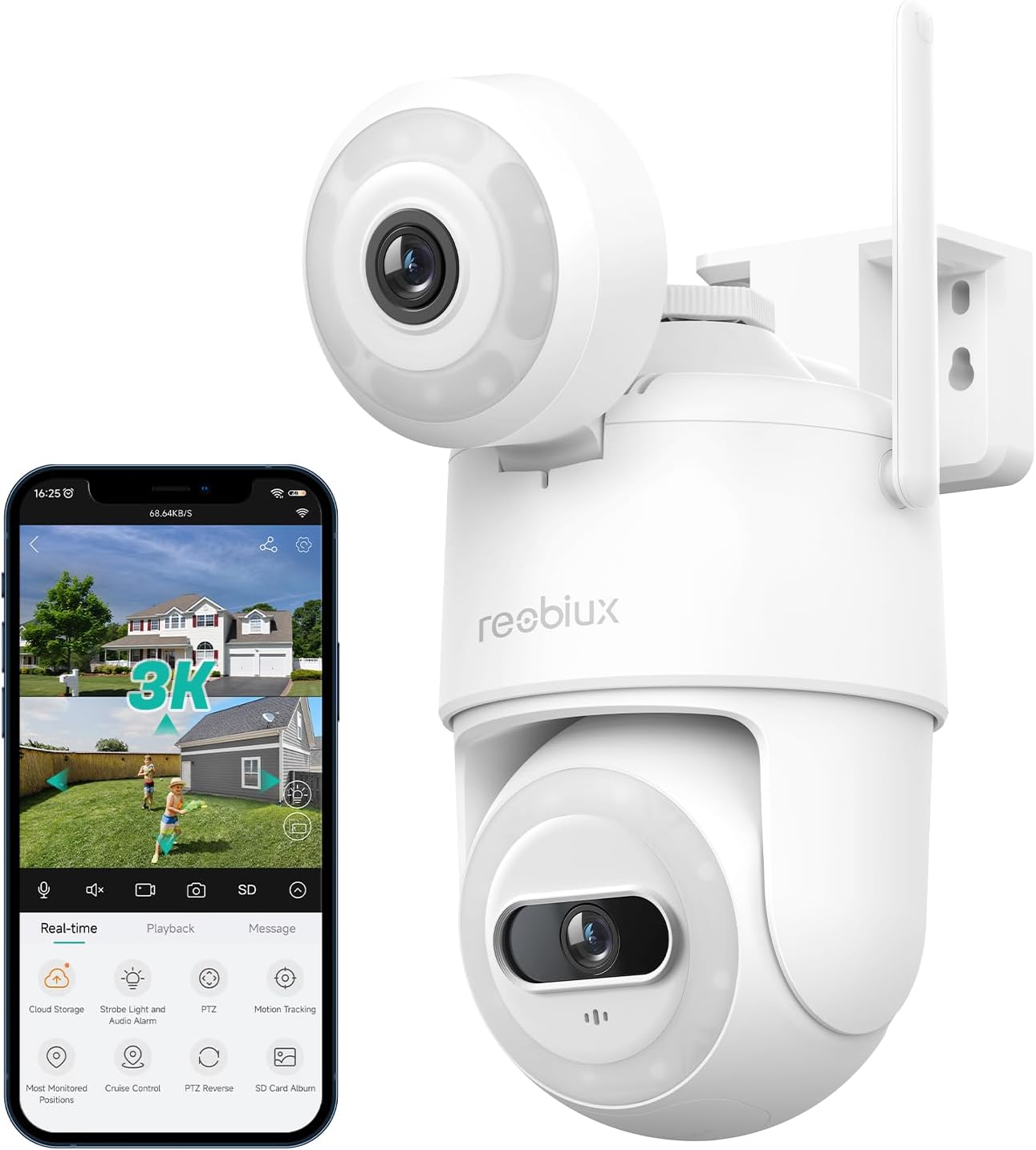 Dual Lens Outdoor Security Camera, 3K/6MP PTZ Security Camera with Auto Tracking, WiFi Outdoor Cameras for Home Security, 3 Night Vision Modes, Two-Way Audio, IP66, Support Alexa Dual Lens Outdoor Security Camera, 3K/6MP PTZ Security Camera with Auto Tracking, WiFi Outdoor Cameras for Home Security, 3 Night Vision Modes, Two-Way Audio, IP66, Support Alexa