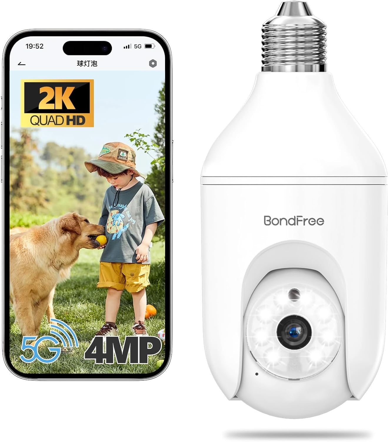 BondFree 4MP Light Bulb Security Camera 5G& 2.4GHz WiFi, Wireless Bulb Security Camera, E27 Light Socket, Full Color Day and Night,SD&Cloud Storage,Motion Tracking-Compatible with Alexa BondFree 4MP Light Bulb Security Camera 5G& 2.4GHz WiFi, Wireless Bulb Security Camera, E27 Light Socket, Full Color Day and Night,SD&Cloud Storage,Motion Tracking-Compatible with Alexa