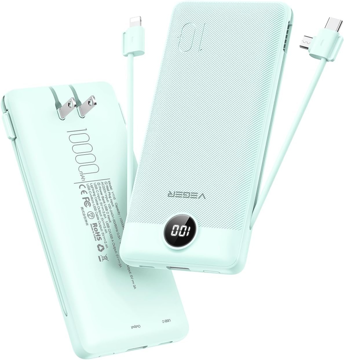 VEGER Portable Charger for iPhone with Built in Cables and Wall Plug, 10000mah Slim Fast Charging USB C Power Bank, Travel Essential Battery Pack Compatible with iPhone, iPad, Samsung etc(Green) VEGER Portable Charger for iPhone with Built in Cables and Wall Plug, 10000mah Slim Fast Charging USB C Power Bank, Travel Essential Battery Pack Compatible with iPhone, iPad, Samsung etc(Green)