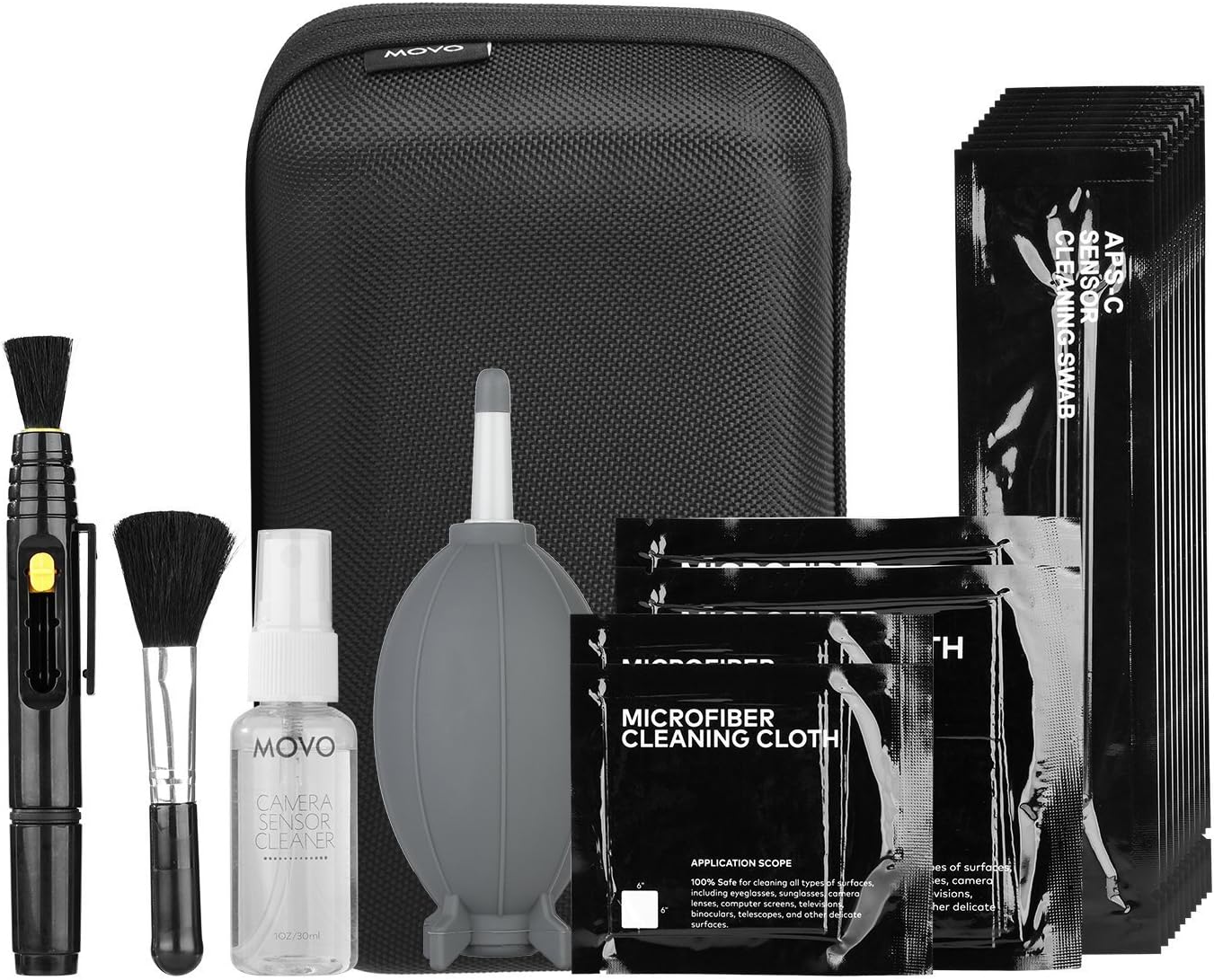 Movo Deluxe Essentials DSLR Camera Cleaning Kit with 10 APS-C Cleaning Swabs, Sensor Cleaning Fluid, Rocket Air Blower, Lens Pen, Soft Brush, 2X Small and 2X Large Microfiber Cloths and Carrying Case Movo Deluxe Essentials DSLR Camera Cleaning Kit with 10 APS-C Cleaning Swabs, Sensor Cleaning Fluid, Rocket Air Blower, Lens Pen, Soft Brush, 2X Small and 2X Large Microfiber Cloths and Carrying Case