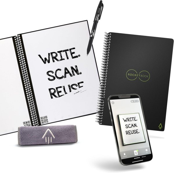 Rocketbook Core Reusable Smart Notebook | Innovative, Eco-Friendly, Digitally Connected Notebook with Cloud Sharing Capabilities | Dotted, 6″ x 8.8″, 36 Pg, Infinity Black, with Pen, Cloth, and App Included